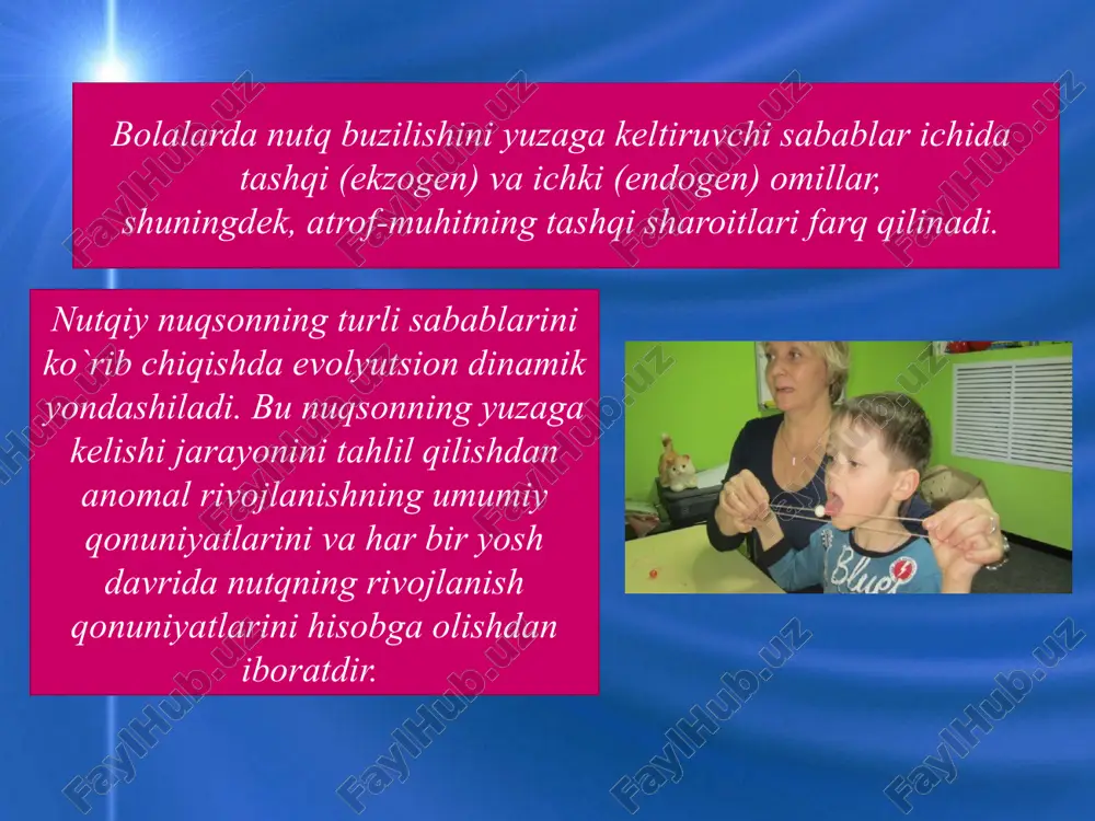 bo`lmasligi xarakterli xususiyat hisoblanadi. tovushlar talaffuzida turg`unlik bo`lmaydi, tovushlar bir-biri bilan almashtiriladi, fonematik o`quv buzilgan bo`ladi. nutq to`liq rivojlanmaganligining bu darajasiga ega bo`lgan bolalar uchun tovushlar analizi bo`yicha berilgan topshiriqlar tushunarsiz bo`ladi. nutq to`liq rivojlanmaganligining ii darajasi: dastlabki keng qo`llaniladigan, odatdagi nutqning bo`lishi bilan xarakterlanadi. bolalar oddiy jumlalardan foydalana biladilar, ma`lum lug`at boyligiga ega bo`ladilar. ular narsalar, hodisalar, alohida belgilar nomini ajrata oladilar. lekin bunday bolalarda nutqning qo`pol darajada rivojlanmaganligi yaqqol ifodalangan bo`ladi. ular ikki-uch so`zdan iborat gaplardan foydalanadilar. lug`at boyligi shu yoshga mos keladigan normadan kam bo`ladi. umumlashtiruvchi so`zlarni (mebel, kiyim, sabzavot, mevalar va boshqalarni) bilmasligi kuzatiladi. harakat, belgini bildiruvchi so`zlardan foydalanishda qiyinchiliklar kuzatiladi, predmet nomini, rangini, shaklini, o`lchamini va boshqa belgilarini bilmaydilar. nutq to`liq rivojlanmaganligining iii darajasida: nutqida leksik-grammatik va fonetik-fonematik jihatdan rivojlanmaganlik elementlari kuzatiladi. bolalar nutqga ega bo`lganda kishilar bilan aloqa bog`lay oladilar, lekin buni ota-ona (tarbiyachi) ishtirokida, ularning muayyan tushuntirishlari yordamida bajaradilar. foydalanilgan adabiyotlar: 1 rozengrad-pupko …