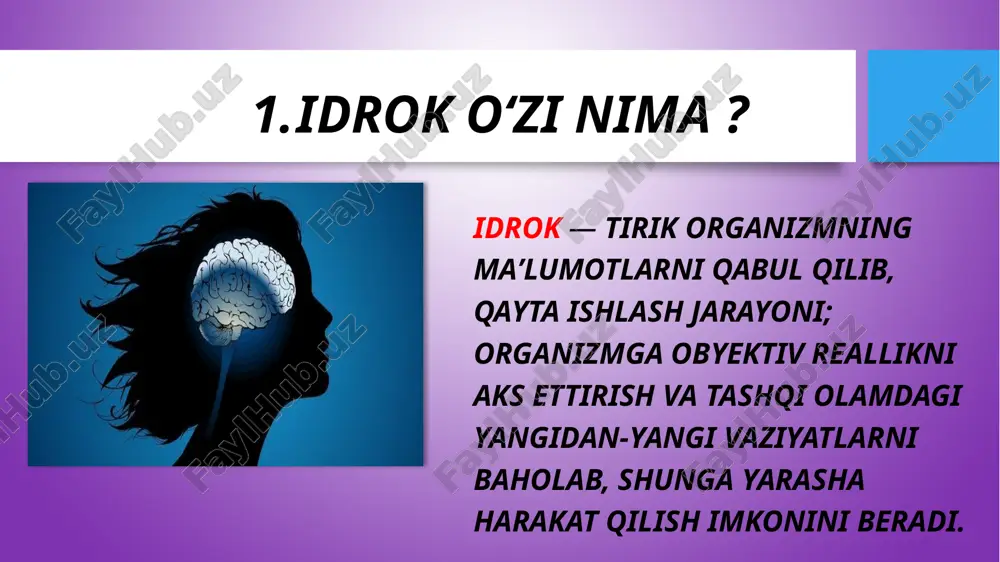 nologik usul. qadimgi, ammo tegishli usullardan biri. hissiy tasvir bevosita berilgan – hodisa sifatida qaraladi. introspektsiya usuli. bu ong tasvirining mazmunini ularning dinamikasiga urg’u bergan holda introspektsiya qilishdir. tasvirlarning ravshanligi, aniqligi, tafsilotlari va xiraligi tahlil qilinadi. turli rag’batlantirish va kuzatish sharoitida boshqa tegishli ob’ektlar bilan munosabat. 2.introspektsiya usuli 3.eksperimental usul eksperimental usul. gipotezani shakllantirish, eksperimental rejani tuzish, bog’liq va mustaqil toifalarni aniqlash va nazorat qilish, eksperimental ma’lumotlarni to’plash, statistik protseduralar yordamida gipotezani tekshirishni o’z ichiga oladi. sezish bo’yicha tajribalarda quyidagi yondashuvlar qo’llaniladi: taxitoskopiya (qat’iy dozalangan va cheklangan ta’sir qilish vaqti, qo’zg’atuvchini aniqlash, tanib olish va identifikatsiya qilish tezligini nazorat qilish) va xronometriya (pertseptiv jarayonlarning ko’rsatkichi bo’lgan reaktsiya vaqtini o’lchash) . 4.o’lchash usuli o’lchash usuli. rag’batlantirish parametrini nisbiy yoki mutlaq baholash. yana idrokni o’rganish usullari: 1) “ob’ektlarni tasniflash” texnikasi – vizual agnoziyani aniqlash; 2) poppelreiter jadvallari, ular bir-birining ustiga qo’yilgan tasvirlar va vizual agnoziyani aniqlash uchun zarur; 3) raven jadvallari – …