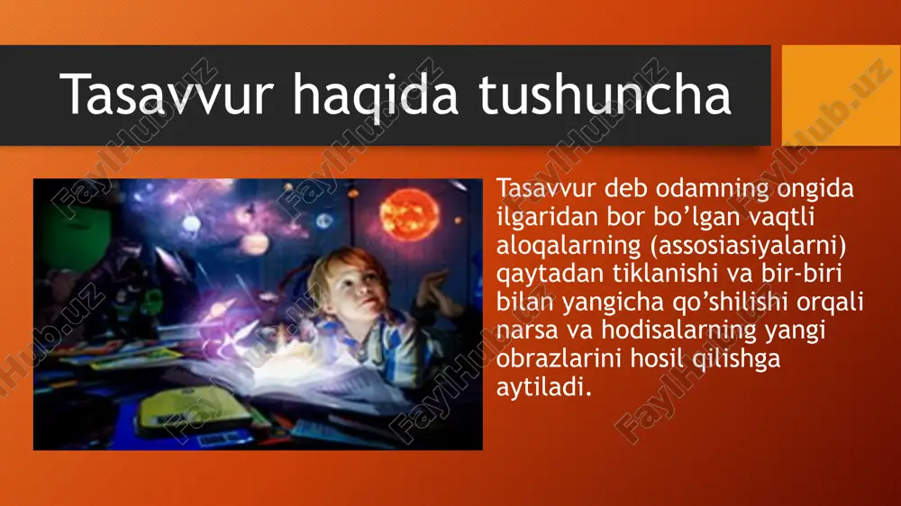 shundan so’ng u karpenter va pavlov kabi olimlar tomonidan o’rganilgan. pavlov shunday dedi; – agar biror harakat haqida o‘ylasang, o‘z ixtiyoringdan, hatto o‘z- o‘zidan ham o‘z- o‘zidan bo‘lmasdan qilishing uzoq vaqtdan beri ma’lum va ilmiy jihatdan isbotlangan. balandlikdagi tik qoyaning chetida qaror qabul qilganda (bu asosan alpinistlarda kuzatiladi), ba’zida odamda o’zini tubsizlikka sudrab ketayotgandek taassurot paydo bo’ladi. hayotda sodir bo’lishini istamagan narsa va hodisalar haqida o’ylamang. fikringiz leksikonidan salbiy fikrlarni butunlay olib tashlang. ro‘y berishi dargumon va hayotingizda ro‘y bersa, sizni tashvishga soladigan voqealar haqida o‘ylamang. chunki bunday hodisalar ko’pincha haqiqatga to’g’ri kelmaydi. ular haqida o’ylash ruhiy va jismoniy stressni keltirib chiqaradi. ideomotor harakat sizni qo’zg’atmasligi va sizni tubsizlikka olib kelmasligi uchun fikrlaringizga diqqat bilan e’tibor bering. foydalanilgan adabiyotlar roʻyxati g‘oziev e.g‘. umumiy psixologiya.. ivanov, p.i. umumiy psixologiya: https://uz.everaoh.com/tasavvur-turlari/ eʼtiboringiz uchun rahmat! image2.png image3.png image4.jpeg image5.jpeg image6.jpeg image7.jpeg image8.jpeg image9.jpeg image10.jpeg image11.jpeg image12.jpeg image13.jpeg image14.jpeg image15.jpeg image1.png /docprops/thumbnail.jpeg