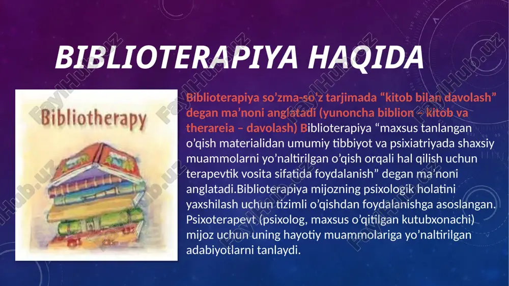terapiyani amaliy qo’llash yo’lidagi birinchi qadamlar 1927 yilda i.z. xarkovdagi psixonevrologiya institutida ishlagan velvovskiy. sovet shifokorlari biblioterapiya usulidan foydalanib, o’tmishdagi ajoyib rus shifokorlarining g’oyalariga tayanadilar. 19-asr boshidagi mashhur terapevt v.ya. mudrov shunday deb yozgan edi: “eng muhimi, bemorni o’z-o’zidan kasallikning mohiyati bo’lgan uy tashvishlari va dunyoviy qayg’ularidan xalos qilishdir”.sovet ittifoqida kitoblarning inson salomatligiga terapevtik ta’sirini o’rganish 1920-yillardan boshlab dam olish uylari va tibbiyot pansionatlari kutubxonalari bazasida olib boriladi. “kurortnoe delo” jurnalining 1928 yilga mo’ljallangan maqolalarida yumoristik kitoblar va memuar adabiyotlarning dam oluvchilarga ijobiy ta’siri qayd etilgan. tibbiyot kutubxonalarida biblioterapiya faol ishlatilgan biblioterapiya uslublari v. m. myasishchev fikriga ko‘ra, “biblioterapevtik uslublari bibliografiya, psixologiya, psixoterapiya va psixokorreksiyaning murakkab birikmasidir.biblioterapiya uslublarini bir necha boskichga bilish mumkin: psixokorrektorni oʻzini oʻzi tayorlash. biblioterapiya va janrlarini bilish. o’qish tizimini ishlab chiqish. ro’yxat tuzish. biblioterapiya metodologiyasi biblioterapiya amaliyoti mutaxassis uchun yangi terapevtik imkoniyatlarni ochib beradi. shu bilan birga, psixologik ta’sirning boshqa turlari kabi, biblioterapiya ham nazariya darajasida, …