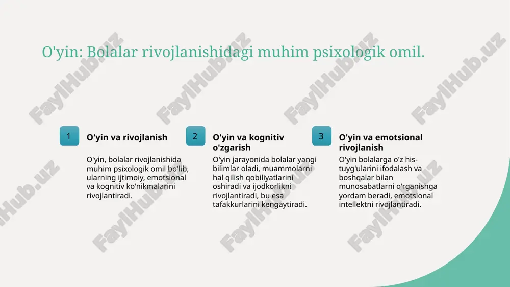 va madaniyat o'zbek madaniyatidagi o'yinlar bolalarning ijtimoiy qobiliyatlarini rivojlantiradi, an'anaviy qadriyatlarni o'z ichiga oladi va madaniyatni saqlashda muhim rol o'ynaydi. 2 o'yin va o'zlik o'zbek madaniyatidagi o'yinlar bolalarning o'zligini anglashiga yordam beradi, shuningdek, ularni o'z madaniyatlari va an'analari bilan bog'laydi. 3 kollektiv o'yinlar o'zbekcha kollektiv o'yinlar bolalarni bir-biri bilan muloqot qilishga undaydi, jamoaviy ish va hamkorlik ko'nikmalarini rivojlantiradi. o'yin faoliyatlarida an'anaviy o'zbek elementlari: ta'limga qo'shgan hissasi. o'zbek o'yinlari o'zbek madaniyatida o'yinlar bolalarning ijtimoiy va hissiy rivojlanishiga yordam beradi, ularning tengdoshlar bilan muloqot qilishini osonlashtiradi. an'anaviy elementlar an'anaviy o'zbek o'yinlarida folklor, musiqiy va raqs elementlari mavjud bo'lib, bolalarga madaniyatni o'rganish va hissiy tajriba berish imkonini yaratadi. ta'limga ta'siri o'zbek o'yinlari bolalar uchun ta'lim jarayonini qiziqarli va samarali qilishga yordam beradi, bu esa ularning kognitiv va emotsional rivojlanishini qo'llab-quvvatlaydi. madaniy o'yinlar orqali emotsional intellektni rivojlantirish: o'zbekiston misollari. 01 madaniy o'yinlar o'zbek madaniyatidagi o'yinlar bolalarning ijtimoiy ko'nikmalarini rivojlantirishda muhim rol o'ynaydi, ularga bir-biri …