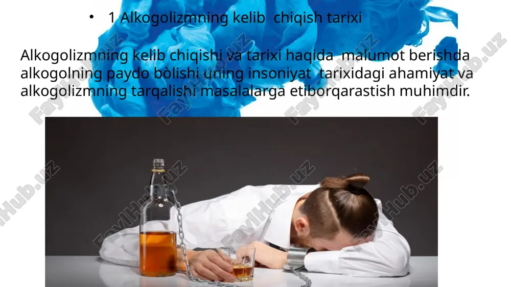 demonstrate on a projector or computer, or print the presentation and make it film please enter title content here alkogolizm va deviant xulq atvor mavzusini òrganish uchun quyidagi adabiyotlar tavsiya etiladi... 1.sotsiologiya . mualliflar k. kalanov. a sodiqov . m sharipov mashr etilgan sana 2017 deviant xulq atvor psixologiyasi ushbu òquv qòllanma deviant xulq atvorning tuzulishi turlari va klinik shakllari mani xulosam shuki alkogol ichimliklar yòq qilinishidir. alkogol ishlab chiqarilgan fermalarga katta miqdorga jarima solinishidir. chunki shu alkogol deb qanchadan qancha oilalar buzilishiga insonlar òlimiga olib kelmoqda shuning uchun alkogollarni yòq qilinishi istisno deb bilaman shu bois alkogolizmning oldini olish bòyicha kompleks yondashuv va davlat jamiyat va oilaning hamkorlikdagi say harakatlari muhim rol òynaydi thank you for listening to etiboringiz uchun tashakkur image1.jpeg image2.jpeg image3.bin image4.jpeg image5.jpeg image6.jpeg image7.jpeg