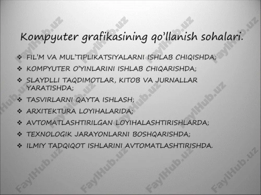 tasvir formula asosida quriladi. kompyuter xotirasida tasvir emas formula saqlanadi. uning yordamida cheksiz xar-xil tasvirlarni olish mumkin. fraktal grafika bilan ishlovchi dasturiy vositalarga misol qilib mathcad, mathlab, maplelarni keltirish mumkin. fraktal grafika - bu tasvirni chizish yoki jihozlash emas, balki uni matematik hisoblashlarga asoslangan dasturlar asosida qurishdir. fraktal grafika odatda o’yin dasturlarini yaratishda ko’proq qo’llaniladi. fraktal grafikada tasvirlar tenglamalar yordamida quriladi. bunda tenglama koeffitsientlarini o’zgartirish yordamida har xil rasmlarni olish mumkin. fraktal grafika ham hisoblanuvchi grafika bo’lib, uning vektorli grafikadan farqi shundaki, unda hech qanday ob`ektlar kompyuter xotirasida saqlanmaydi. chunki tasvirlar tenglamalar yoki ularning tizimlarida hosil qilinadi. shuning uchun ham xotirada tenglamalargina saqlanadi. tenglamalarga oid parametrlar o’zgartirilishi natijasida turli tasvirlar hosil qilinadi. fraktal grafika matematik hisoblashlar asosida tasvirlarni avtomatik yaratish uchun qo’llaniladi. shuning uchun ham uning asosi sifatida rasm, shakl, tasvir hosil qilishning dasturlash usuli tanlangan. bu grafika, odatda, turli jarayonlarni modellashtirish, tahlil qilish, turli qiziqtiruvchi dasturlar yaratishda keng qo’llaniladi. …