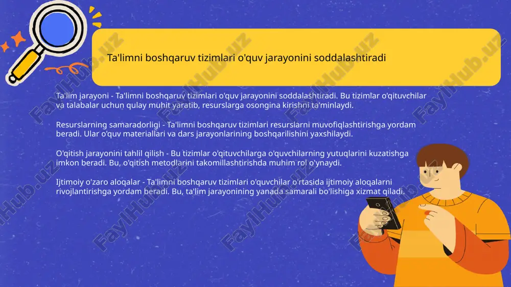 shlari mumkin. natijalarni tez olish - lms orqali baholash natijalari tezkor tarzda taqdim etiladi. bu o'quvchilarning o'z bilimlarini baholashlariga yordam beradi. o'z vaqtida nazorat - o'quvchilar lms yordamida o'z vaqtida nazorat qilish imkoniyatiga ega bo'ladilar. bu ta'lim jarayonini samarali oshiradi. lms ta'lim jarayonini shaxsiylashtirish imkonini beradi ta'lim shaxsiylashtirishining ahamiyati - lms ta'lim jarayonini shaxsiylashtirish imkonini beradi. o'quvchilarning individual ehtiyojlariga mos keladigan materiallar va metodlar orqali ta'limni samaraliroq qiladi. o'quvchilar uchun individual yondashuv - shaxsiylashtirilgan lms tizimlari o'quvchilarning kuchli va kuchsiz tomonlarini hisobga oladi. bu, o'z navbatida, ta'lim jarayonining eng muhim jihatidir. ta'limni boshqaruv tizimlari o'qituvchilarni qo'llab-quvvatlaydi ta'limni boshqarish tizimlari resurslarga kirish talabalar bilan muloqot lms orqali talabalarga interaktiv materiallar taqdim etiladi interaktiv materiallar turlari - lms orqali talabalarga turli xil interaktiv materiallar taqdim etiladi. bular video darslar, testlar, simulyatsiyalar va elektron kitoblardan iborat. ushbu materiallar talabalarning o'qish jarayonini yanada ravon va samarali qiladi. foyda - interaktiv materiallar o'quvchilarga mustaqil ravishda …