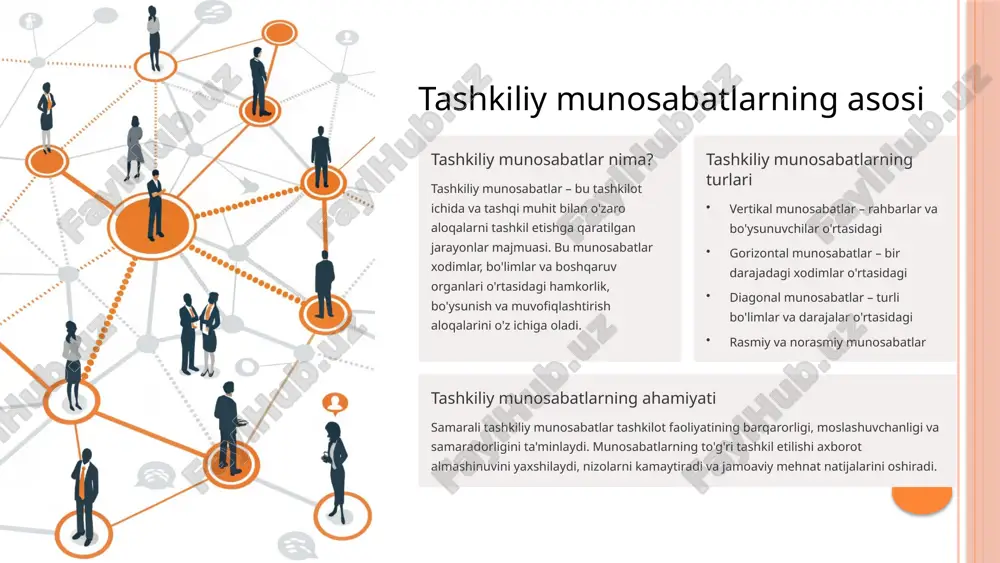 at qilishni talab etadi. boshqaruv sub'ektlari va ob'ektlari o'rtasidagi munosabatlar tashkiliy madaniyat va tashkilot qadriyatlariga muvofiq bo'lishi kerak. bu tashkilotda sog'lom muhitni shakllantiradi va umumiy maqsadlarga erishishga yordam beradi. 5 tashkiliy munosabatlarga ta'sir etuvchi omillar ichki omillar tashkiliy tuzilma, rahbarlik uslubi, tashkilot madaniyati, kadrlar siyosati, rag'batlantirish tizimlari, texnologik jarayonlar, moliyaviy resurslar va ishlab chiqarish salohiyati tashkiliy munosabatlarga ta'sir ko'rsatuvchi muhim ichki omillardir. tashqi omillar siyosiy va huquqiy muhit, iqtisodiy sharoitlar, raqobatchilar, mijozlar va iste'molchilar, texnologik o'zgarishlar, ijtimoiy-madaniy o'zgarishlar, global tendensiyalar hamda mintaqaviy xususiyatlar tashqi omillar sifatida tashkiliy munosabatlarga katta ta'sir ko'rsatadi. omillar o'rtasidagi muvozanat samarali tashkiliy munosabatlar ichki va tashqi omillar o'rtasidagi muvozanatga bog'liq. muvaffaqiyatli tashkilotlar barcha ta'sir etuvchi omillarni inobatga olib, o'z faoliyatini strategik rejalashtiradi va boshqaradi. tashkiliy munosabatlarga ta'sir etuvchi omillarni doimiy monitoring qilish va tahlil etish tashkilotga o'z vaqtida o'zgarishlarga moslashish va barqaror rivojlanish imkonini beradi. bu tashkilot hayotiyligining muhim shartidir. 6 ijtimoiy menejmentda tashkiliy tuzilmalar funksional …