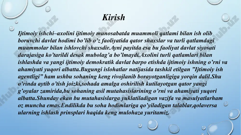 xizmatlarga bo‘lgan huquqlari va muammo xususiyatidan kelib chiqqan holda ushbu xizmat turlarini ko‘rsatish tartibi to‘g‘risida ma’lumot yetkazish; salomatligi bo‘yicha muammolari bo‘lgan shaxslarni parvarishlash va ularga tibbiy xizmatlar ko‘rsatishni tashkillashtirish ha zarur. xulosa har bir kasp egasi,vaholanki ijtimoiy ish hodimlariham o’z faoliyatida talab etiladigan talablar va majburiyatlarga bo’ysunishi o’rinli bo’ladi.jamiyat bilan ish olib boruvchi barcha soha mutahasislari o’z faoliyatida etik va estetik prinsplarga amal qilishlari shart.shunda ish samaradorligi va sifati yanada oshadi va yechimi kutilayotgan masalalarham ijobiy hal bo’ladi.ijtimoiy ishda amalga oshiriladigan islohatlar zamirida, hodimlarning go’zal hulqi va samarali say harakatlari turadi. foydalanilgan adabiyotlar ijtimoiy ishning etikprofessional qadriyatlari. isoqjon negmatov samarqand-2020. ijtimoiy ishning etnik prinsplari va qadiryatlari. n.m.latipova,q.n.kayumov. toshkent-2021 image3.png image4.jpeg image5.jpeg image6.jpeg image7.jpeg image8.jpeg image9.jpeg image10.jpeg image11.jpeg image12.jpeg image13.jpeg image14.jpeg image1.png /docprops/thumbnail.jpeg