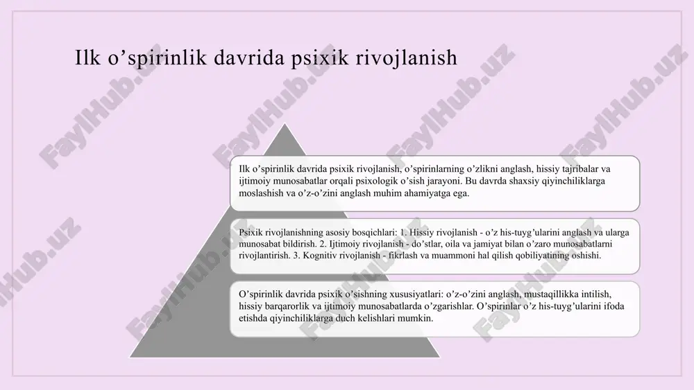 stlar oʼspirinlarning emotsional va ijtimoiy rivojlanishiga katta taʼsir koʼrsatadi, bu esa ularning shaxsiyati, oʼziga ishonchi va boshqalar bilan munosabatlariga taʼsir qiladi. 1 2 oʼspirinlikdagi psixologik muammolar va ularni hal etish oʼspirinlik davrida psixologik muammolar koʼplab yoshlar uchun murakkab va qiyinchiliklar keltirishi mumkin. ushbu muammolar oʼz-oʼzini ishonchsizlik, ijtimoiy bosim, gʼazab va depressiya kabi holatlarni oʼz ichiga oladi. oʼspirinlar koʼpincha oʼz muammolarini tan olishda qiyinchiliklarga duch kelishadi, ammo ularga qarshi kurashish muhimdir. - oʼziga ishonchsizlik: oʼspirinlar oʼzlarini boshqalar bilan solishtirishadi va oʼzlariga nisbatan salbiy fikrlar shakllanadi. bu holatni yengish uchun oʼziga boʼlgan ishonchni oshirish zarur. - ijtimoiy bosim: yoshlar doʼstlarining fikrlariga juda sezgir boʼlishadi. bu, baʼzan, notoʼgʼri qarorlar qabul qilishga olib kelishi mumkin. oʼspirinlar oʼz qiziqishlariga sodiq qolishni oʼrganishlari muhim. - gʼazab: oʼspirinlar oʼz his-tuygʼularini toʼgʼri ifoda eta olishlari zarur. bu, stressni boshqarish usullarini oʼrganish orqali amalga oshirilishi mumkin. - depressiya: agar oʼspirinlar oʼzlarini uzoq vaqt gʼamgin his qilsalar, professional yordamga murojaat …