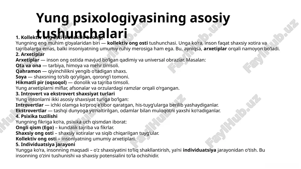 da ham katta ta’sir ko‘rsatgan. bugungi kunda yung psixologiyasi metodlari shaxsiyat tahlili, so‘zlar assotsiatsiyasi testlari va ramzlar (simvolizm) tahlili kabi sohalarda qo‘llaniladi. yung maktabi inson ruhiyatini o‘rganishda falsafiy va ma’naviy yondashuvni ham o‘zida mujassam qilgani bilan ajralib turadi. yung maktabining zamonaviy ta’siri jung maktabining ta'siri psixoterapiya adabiyot san'at dinshunoslik yung maktabi psixoterapiya, adabiyot, san'at va dinshunoslikka ta'sir ko'rsatgan. 12 yung maktabining tanqidi ilmiylik empirik dalillarning yetishmasligi. subyektivlik talqinlarning roli. yung maktabi ilmiylik va subyektiv talqinlar borasida tanqid qilinadi. 13 xulosa hissa yungning beqiyos hissasi. ahamiyat zamonaviy ahamiyati. kelajak tadqiqotlar va rivojlanish. karl gustav yung psixologiyaga katta hissa qo'shgan. uning maktabi zamonaviy ahamiyatga ega. kelajakda bu sohada yangi tadqiqotlar olib boriladi. 14 e`tiboringiz uchun raxmat! image1.png image2.jpg image3.png image4.png image5.png image6.png image7.png image8.png image9.png image10.png image11.png image12.png image13.png image14.png image15.png image16.png image17.png image18.png image19.png