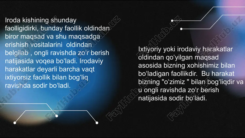 zini boshqarish va irodaning rivojlanishidagi ahamiyatini ko'rsatadi. xulosa iroda va shaxs o'rtasidagi bog'liqlik hayotimizda muhim rol o'ynaydi. irodaning shaxsiyat rivojlanishidagi ahamiyati katta. o'z-o'zini boshqarish va motivatsiya jarayonida iroda asosiy omil hisoblanadi. iroda va shaxs o'rtasidagi munosabatlarni tushunish muvaffaqiyatga erishishda kalitdir. foydalanilgan adabiyotlar 1. jalolov, a. b. iroda va shaxs: o'zaro bog'liqlik. toshkent: fan va texnologiya, 2021. 2. maxmudov, a. irodaning shaxsiyat rivojidagi roli va ahamiyati. o'zbekiston psixologiya jurnali, 2022. 3. qodirova, s. iroda shakllanishida psixologik omillar. psixologiya va ta'lim, 2023. 4. isroilov, d. iroda va shaxsiy o'sish jarayonlari. ijtimoiy fanlar, 2020. 5. toshpo'latov, r. o'zini anglash va iroda: psixologik jarayonlar. o'zbekiston respublikasi ilmiy tadqiqotlari, 2022. e'tiboringiz uchun rahmat! image1.png image2.png image3.png image4.png image5.png image6.png image7.png image8.png image9.png image10.png image12.png image22.png image24.jpeg image11.png image19.png image13.png image17.png image18.png image23.png