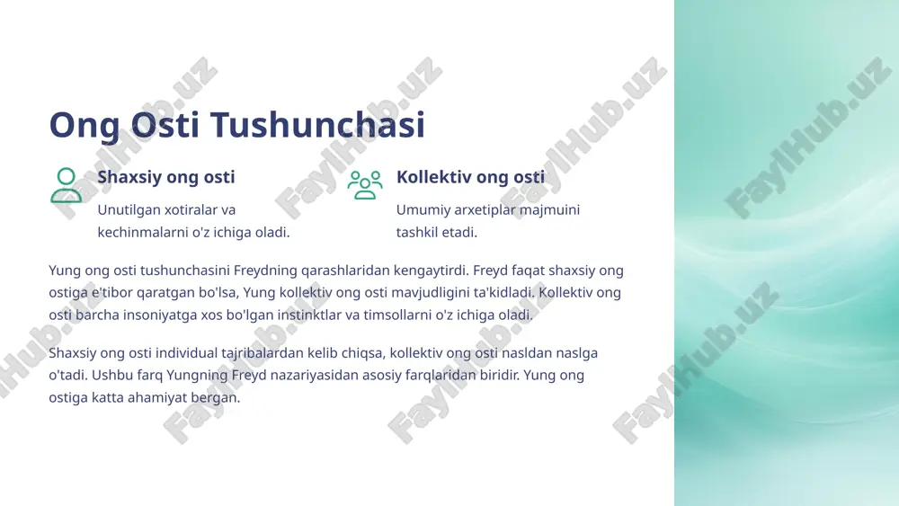 chun imkoniyat. 3 8 faol tasavvur metodi faol tasavvur - bu ongsizlik bilan dialog o'rnatish usuli. faol tasavvurning bosqichlari va asosiy tamoyillari mavjud. faol tasavvur orqali shaxsiy o'sish va rivojlanishga erishish mumkin. bu metod bizga o'zimizning ichki dunyomiz bilan bog'lanishimizga va ongsizligimizdagi yashirin resurslarni ochishimizga yordam beradi. dialog o'rnatish ongsizlik bilan muloqot. asosiy tamoyillar bosqichlar va qoidalar. shaxsiy o'sish rivojlanish uchun imkoniyat. 9 yung psixologiyasining tanqidi yung nazariyasining zaif tomonlari va cheklanganligi mavjud. ilmiy isbotlanmaganligi va subjektivligi ham tanqidga sabab bo'lgan. boshqa psixologik maktablar bilan solishtirish ham muhimdir. shunga qaramay, yung psixologiyasi shaxsiy o'sish va o'zlikni anglashga qo'shgan hissasi beqiyosdir. zaif tomonlar cheklanganligi. subjektivlik ilmiy isbot yo'qligi. solishtirish boshqa maktablar bilan. 10 yung psixologiyasining ahamiyati yung psixologiyasi shaxsiy o'sish va o'zlikni anglashga qo'shgan hissasi bilan ajralib turadi. madaniyatshunoslik, adabiyot va san'atga ta'siri sezilarli. zamonaviy psixoterapiya va konsaltingda qo'llanilishi ham muhimdir. yungning g'oyalari bugungi kunda ham dolzarb va ahamiyatlidir. 1 shaxsiy …