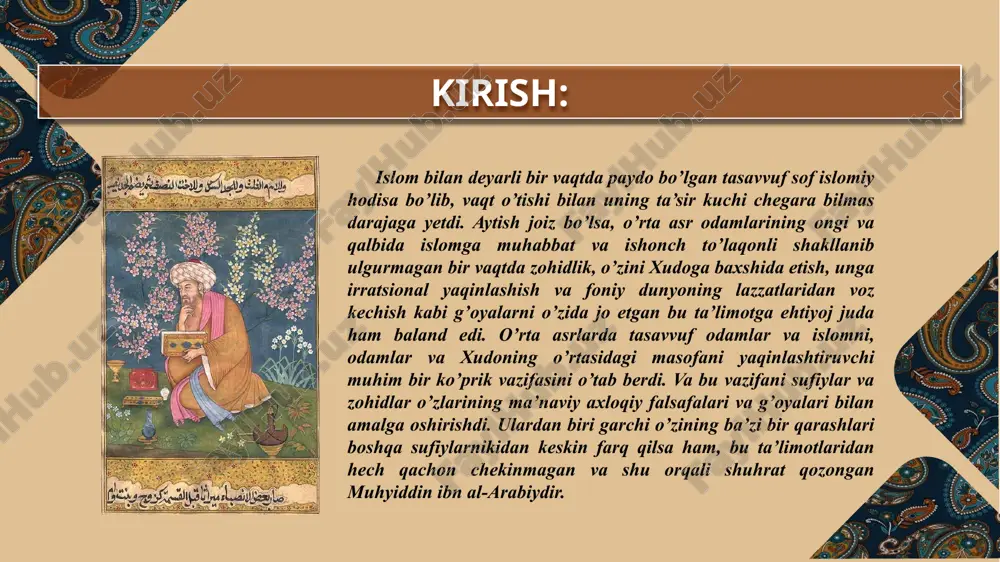 hodisalardan tortib, jismlarning o’zaro harakati va harakatsizligi, mavjudlik va tirik qolish qonuniyatlari, o’sish, ulg’ayish va yemirilish – hammasida uning aralashuvi mavjud, usiz hech narsa mavjud bo’lolmaydi va hatto harakatga kelolmaydi. hamma narsa uning nazorati, boshqaruvi ostidaddir. ibn al-arabiyning vahdat ul-vujudi 4 olam va undagi jamiki mavjudotlar o’zlari yakka mavjud bo’lolmaydi, sabababi ular xudoning tajalliysi ya’ni emanatsiyasidir. 3 olamdagi barcha mavjudotlar, jumladan, insoniyat, hayvonot va nabobat olamining borlig’i ham aslida haq taoloning borlig’idir. 2 xudo ya’ni haq taoladan o’zga narsalar asli mavjud emas. butun olam, undagi mavjudotlar va moddiy, nomoddiy ashyolar, insoniyat olami va boshqa jamiki narsalarni mavjudlik deb bo’lmaydi. chunki ularning mavjudligi mutlaq kuchning, ya’ni xudoning mavjudligi bilan bog’liqdir. 1 xudo yagona va mutlaq vujuddir. ibn al-arabiyning vahdat ul-vujudi 4 olam va undagi jamiki mavjudotlar o’zlari yakka mavjud bo’lolmaydi, sabababi ular xudoning tajalliysi ya’ni emanatsiyasidir. 3 olamdagi barcha mavjudotlar, jumladan, insoniyat, hayvonot va nabobat olamining borlig’i ham aslida haq taoloning …