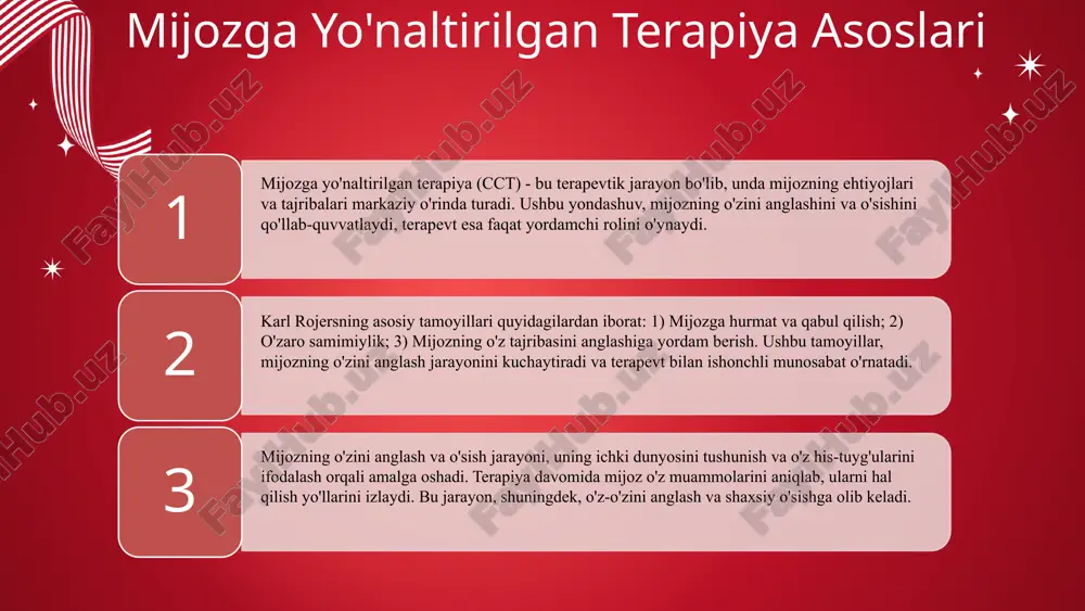 atini oshiradi, bu esa muvaffaqiyatli terapiya uchun muhimdir. terapevtning faol ishtiroki, mijozning o'zgarish jarayonida qo'llab-quvvatlashni ta'minlaydi, bu esa terapevtik munosabatlarni mustahkamlaydi. muvaffaqiyatli terapevtik munosabatlar, mijozning o'zgarishiga va rivojlanishiga olib keladi, bu esa terapiyaning samaradorligini oshiradi. 1 2 3 4 5 mijozga yo'naltirilgan terapiya asoslari mijozning o'zini anglash jarayoni terapevtik munosabatlar orqali amalga oshiriladi. bu jarayonda mijoz o'z his-tuyg'ularini va muammolarini chuqurroq anglaydi, terapevt esa ichki resurslarni kashf etishda yordam beradi. terapevtik munosabatlar ishonchli va ochiq muloqot orqali rivojlanadi. bu munosabatlar mijozning o'zini erkin his qilishi va muammolarini ochiq muhokama qilishiga imkon beradi, natijada ichki resurslar faollashadi. mijozning ichki resurslarini faollashtirish, o'z-o'zini anglash jarayonida muhimdir. terapevt mijozga kuchlarini aniqlashda yordam berishi kerak, bu esa ishonchni oshirib, yangi yondashuvlarni kashf etishga yordam beradi. o'z-o'zini anglash va o'z qabul qilish jarayoni • o'z-o'zini anglash, insonning o'zini va his-tuyg'ularini tushunish jarayonidir. • o'z qabul qilish, o'zining kuchli va zaif tomonlarini qabul qilishni anglatadi. • …