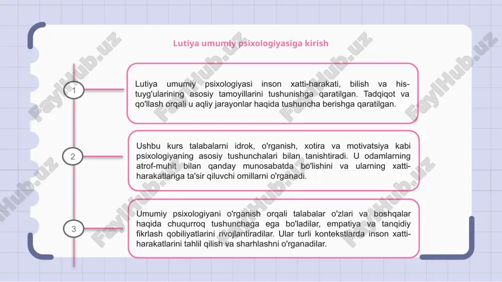 ologiyani o'rganadi, biologik omillar xatti-harakatlar va aqliy jarayonlarga qanday ta'sir qilishini tahlil qiladi. talabalar miya funktsiyalari va uning psixologiyaga ta'siri haqida tushunchaga ega bo'ladilar. psixologik jarayonlarni tushunish uchun o'quv dasturi genetika, neyrotransmitterlar, gormonlar va miya tuzilmalarini o'rganadi. amaliy ilovalar talabalarga biologiya va inson tajribasidagi xatti-harakatlar o'rtasidagi bog'liqlikni tushunishga yordam beradi. biopsixologiyani o'rganish orqali lutiya talabalari biologiya va psixologiya o'rtasidagi o'zaro bog'liqlik haqida to'liq tushunchaga ega bo'ladilar. bu bilimlar ularni sohadagi murakkab muammolarni tahlil qilish va hal qilish uchun qurollantiradi. 1 2 3 lut psixologiyasida kognitiv jarayonlar lutiya umumiy psixologiyasida asosiy e'tibor kognitiv jarayonlarga qaratilgan. bularga idrok, xotira, muammolarni hal qilish va qaror qabul qilish kiradi. luthian psixologiyasi odamlarning ma'lumotni qanday qayta ishlash, o'rganish va mulohaza yuritish usullarini o'rganadi. u kognitiv rivojlanish va aqliy jarayonlarni chuqur ko'rib chiqadi. luthian psixologiyasida kognitiv jarayonlarni tushunish insonning xatti-harakati va ruhiy salomatligini tushunish uchun juda muhimdir. u fikrlash shakllari va xatti-harakatlarini yoritadi. lutiyadagi rivojlanish psixologiyasi …