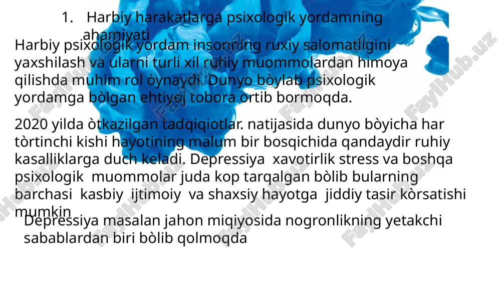 akkabliklarni yanada yaxshi tassavur qilishga yordam beradi 3. "aholiga psixologik yordam ko‘rsatish to‘g‘risida" o‘zbekiston respublikasi qonuni: ushbu hujjatda psixologik yordam ko‘rsatishning huquqiy asoslari belgilangan bo‘lib, harbiy harakatlarda ishtirok etgan shaxslarga yordam ko‘rsatishda qonuniy asos sifatida xizmat qilishi mumkin. qabul qilingan sana: 2024-yil 5-noyabr. 4. psixologik testlar to‘plami: harbiy harakatlarda ishtirok etgan shaxslarning psixologik holatini baholash uchun turli testlardan foydalanish mumkin. bunday testlar to‘plami quyidagi manbada keltirilgan. nashr yili: 2021. xulosa majburiy harbiy harakatlarda ishtirok etgan shaxslar jiddiy psixologik bosim va stressga duch keladilar. ularning ruhiy holatini tiklash va ijtimoiy hayotga qayta moslashish uchun psixologik yordam muhim ahamiyatga ega. bu yordam quyidagilarni o‘z ichiga oladi: bunday yondashuvlar harbiy harakatlarda ishtirok etgan shaxlarning psixologik salomatligini tiklashga ularning jamiyatga qayta integratsiyalashuviga va hayot sifatini yaxshilashga xizmat qiladi 1. "psixologik xizmat": ushbu qo‘llanma psixologik xizmat ko‘rsatishning asosiy tamoyillari va usullarini yoritadi. harbiy harakatlarda ishtirok etgan shaxslarga psixologik yordam ko‘rsatishda ushbu qo‘llanmadagi tavsiyalar foydali bo‘lishi …