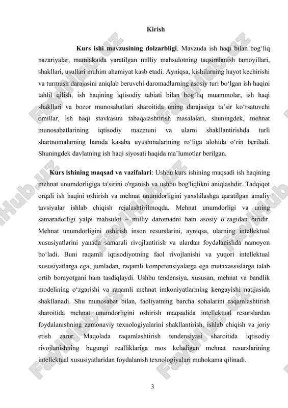 zaro bog'liqlik. kurs ishi tuzilmasining tavsifi. kirish, 5 ta reja, xulosa va takliflar, foydalanilgan adabiyotlar ro‘yxatidan iborat. 1.ish haqqi tushunchasining mazmun mohiyati ish haqi murakkab va ko'p qirrali tushunchadir. bu bajarilgan ish uchun faqat moliyaviy mukofot emas. bu shuningdek, maqom, tan olish va o'zini o'zi qadrlashning ramzi. ish haqining ma'nosi va tabiati ko'p bahs-munozaralar va munozaralarga sabab bo'ldi. ba'zilar ish haqi shunchaki mehnat bahosi, deb ta'kidlashsa, boshqalari esa bu xodimning o'z tashkiloti uchun qadr-qimmatini aks ettiradi, deb ta'kidlaydilar. ushbu maqolada biz ish haqining turli ma'nolari va oqibatlarini o'rganamiz. biz ish haqining moliyaviy va moliyaviy bo'lmagan tarkibiy qismlarini, shuningdek, uning psixologik va ijtimoiy oqibatlarini muhokama qilamiz. shuningdek, biz ish haqining ko'p qirraliligini hisobga olgan holda yangi ta'rifni taklif qilamiz. ushbu yangi ta'rif zamonaviy ish joyida ish haqining ma'nosi va ahamiyatini yaxshiroq tushunishga yordam beradi. moliyaviy mukofotlarga asosiy ish haqi, bonuslar va imtiyozlar kiradi. asosiy ish haqi - bu xodim o'z ishi …