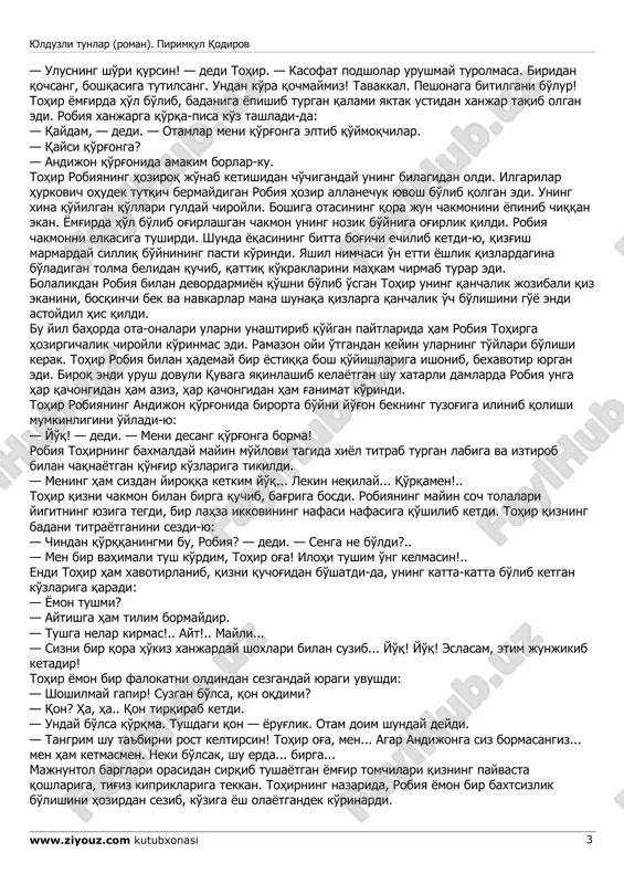 ди. улар ҳам ушбу нашрда баҳоли қудрат ҳисобга олинди. бундан ўттиз йил муқаддам 1969-йилнинг январида бошланган бу иш шоядки шу билан ниҳоясига етган бўлса. 1999 йил. аросат биринчи қисм қува қил устида турган тақдирлар 1 милодий 1494-йилнинг ёзи. саратон иссиғида фар-ғона водийсининг осмонига чиққан қуюқ булутлар куни бўйи ҳавони дим қилиб турди-ю, кечки пайт бирдан жала қуйиб берди. қизил тупроқли тепаликлар орасидан ўтиб келаётган серсув қувасой қон қўшиб оқизилгандек қип- қизил бўлиб кетди. сой бўйидаги мажнунтоллар панасида бир йигит билан қиз шивирлашиб гаплашмоқда эди. — робия, инон, мен тирик бўлсам, сенга бало-қазони йўлатмасмен! — тангрим сизни ҳам паноҳида асрасин, тоҳир оға!.. ёғийнинг* минг-минг аскари бор. қайси бирига бас келурсиз? ана, қочқинларга қаранг!.. тоҳир орқасига ўгирилиб, қувасойнинг қуйи томонларига кўз югуртирди. пастда қамишзор ботқоқлик ва унинг устидан ўтган узун ёғоч кўприк бор эди. кўприкдан чумолидай беҳисоб одамлар, отлар, моллар, аравалар тизилиб ўтиб келаётгани ёмғир пардаси орасидан элас-елас кўзга чалинарди. самарқанд подшоси …