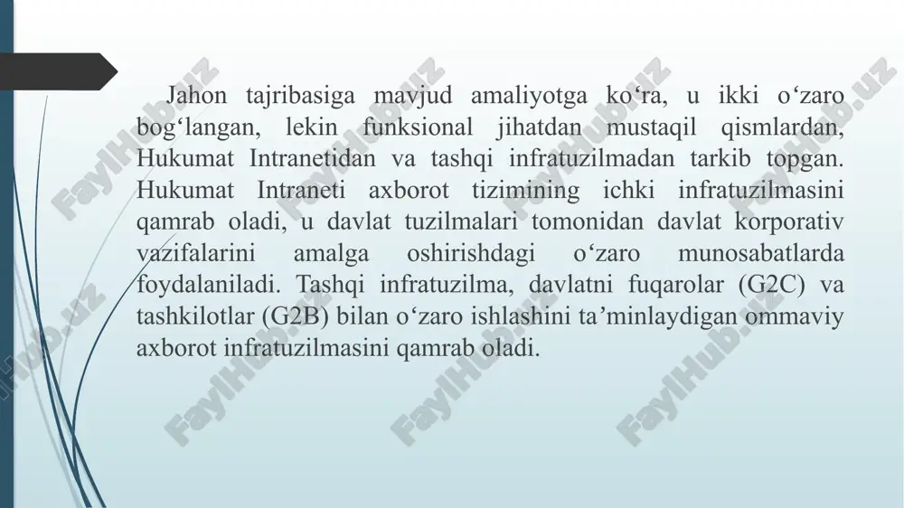 xavfsizligini ta’minlash markazi tashkil etildi. ushbu markazlar oldiga mamlakatimiz axborot resurslari, tizim va tarmoqlarini jadal rivojlantirishdek ustuvor vazifa qo‘yildi elektron raqamli imzo — elektron hujjatdagi mazkur elektron hujjat axborotini elektron raqamli imzoning yopiq kalitidan foydalangan holda maxsus oʻzgartirish natijasida hosil qilingan hamda elektron raqamli imzoning ochiq kaliti yordamida elektron hujjatdagi axborotda xatolik yoʻqligini aniqlash va elektron raqamli imzo yopiq kalitining egasini identifikatsiya qilish imkoniyatini beradigan imzo. (qonun)qonunda talab etilgan shartlarga rioya etilgan taqdirda elektron raqamli imzo qogʻoz hujjatga shaxsan qoʻyilgan imzo bilan bir xil ahamiyatga egadir. elektron maʼlumotlarni kriptografik oʻzgartirish natijasida hosil qilingan belgilar ketma-ketligi. elektron raqamli imzo maʼlumotlar blokiga qoʻshib qoʻyiladi va blokni qabul qiluvchiga, manbani va maʼlumotlarning butunligini tekshirish hamda soxtalashtirishdan muhofazalanish imkonini beradi. hozirgi kunga kelib, ayrim mamlakatlar qonunchilik yoʻli bilan raqamli imzodan foydalanishni layoqatliligini qonunlashtirib qoʻyganlar. elektron raqamli imzo kalitlari sertifikatlari roʻyxatga olish markazlari tomonidan beriladi. elektron raqamli imzo - elektron hujjatdagi mazkur elektron hujjat axborotini …