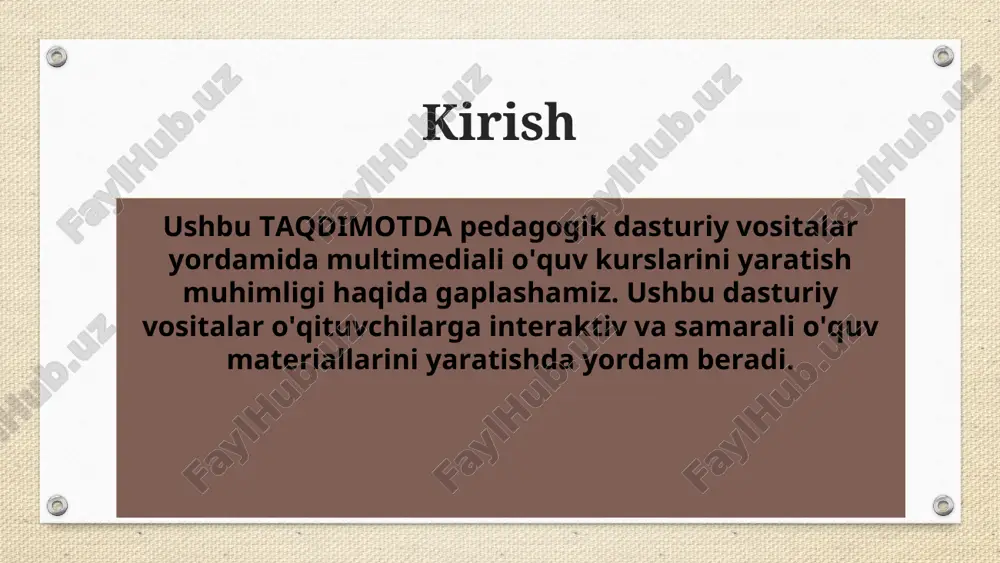 rali qiladi. multimediali o'quv kurslari o'quvchilarning bilimlarni o'zlashtirish jarayonini tezlashtiradi va samaradorligini oshiradi. bu kurslar interaktiv va vizual elementlar orqali o'quvchilarni qiziqtiradi. multimediali o'quv kurslari o'quvchilarning individual ehtiyojlariga moslashtirilishi mumkin. bu kurslar o'quvchilarning bilimlarini chuqurroq va amaliy o'zlashtirishga yordam beradi. interaktiv o'quv materiallari yaratish 2 interaktiv materiallar o'quvchilarning bilimlarni amaliy o'zlashtirishiga yordam beradi. bu materiallar o'quv jarayonini qiziqarli va samarali qiladi. 1 interaktiv o'quv materiallari o'quvchilarning bilimlarini o'zlashtirish jarayonini osonlashtiradi. bu materiallar o'quvchilarni qiziqtiradi va o'rganishga motivatsiya qiladi. 3 ushbu materiallar o'quvchilarning individual ehtiyojlariga moslashtirilishi mumkin. interaktiv materiallar o'quvchilarning bilimlarini chuqurroq va amaliy o'zlashtirishga yordam beradi. 1 2 3 e’tiboringiz uchun rahmat!!!
