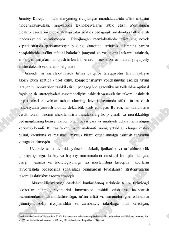 avomida sifatli ta'lim olish imkoniyatini yaratish alohida dolzarblik kasb etmoqda. bu esa, har tomonlama yetuk, komil insonni shakllantirish masalasining ko‘p qirrali va murakkabligi pedagogikaning hozirgi zamon ta'lim nazariyasi va amaliyoti uchun muhimligini ko‘rsatib beradi. bu vazifa o‘qituvchi mahorati, uning yetukligi, chuqur kasbiy bilimi, ko‘nikma va malakasi, maxsus bilimi orqali amalga oshirish zaruratini yuzaga keltirmoqda. uzluksiz ta'lim tizimida yuksak malakali, ijodkorlik va tashabbuskorlik qobiliyatiga ega, kasbiy va hayotiy muammolarni mustaqil hal qila oladigan, yangi texnika va texnologiyalarga tez moslanishga layoqatli kadrlarni tayyorlashda pedagogika sohasidagi bilimlardan foydalanish strategiyalarini takomillashtirishni taqozo etmoqda. mustaqilligimizning dastlabki kunlaridanoq uzluksiz ta'lim tizimidagi islohotlar ta'lim jarayonlarini innovatsion tashkil etish va boshqarish mexanizmlarini takomillashtirishga, ta'lim sifati va samaradorligini oshirishda ijtimoiy-iqtisodiy rivojlanishlar va zamonaviy talablarga mos keladigan, demokratik tamoyillarga asoslangan modernizatsiyalashgan ta'lim boshqaruvini tashkil etishga imkoniyat yaratildi. ayni paytda nopedagogik oliy ta'lim muassasalarida tahsil olayotgan, o‘zining kelajakdagi kasbini pedagogika sohasi bilan bog‘lovchi talabalarga innovatsion ta'lim mazmunini ilmiy asosda o‘rgatish, uning …