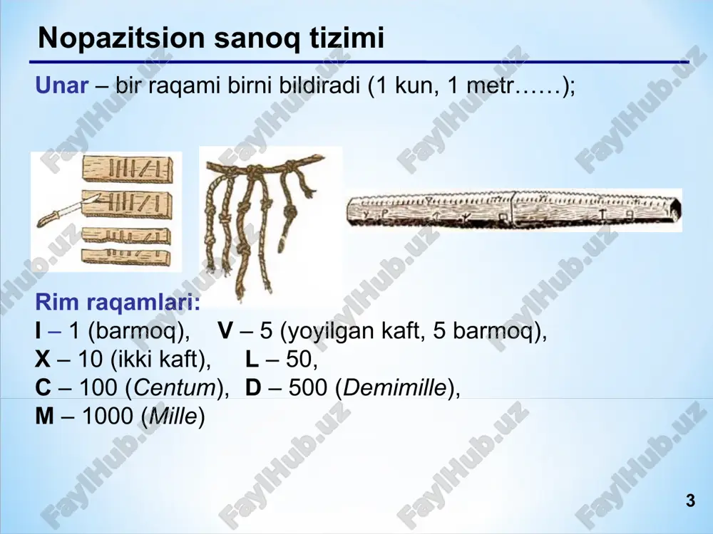 agi sonlar ikkilik sanoq sistemasida judayam katta ko’rinishga kelib qoladi; ikkilik sanoq sistemasi ko’p darajalarga (razryadlarga) ega; inson uchun ikkilikdagi sonlarni o’qish qiyin, chunki ularr bir xil ko’rinishga ega, ya’ni 1 va 0 ko’rinishiga. * * * * o’nlik-ikkilik sistemasi bcd = binary coded decimals (o’nlikdagi raqamlar ikkilikda ifodalanishi) 9024,19 = 1001 0000 0010 0100, 0001 1001bcd 9 0 2 4 , 1 9 1 0101 0011, 0111 1bcd = 0001 0101 0011, 0111 1000 bcd = 153,78 10  bcd bcd  10 10101,1 bcd = 15,8 10101,1 2 = 16 + 4 + 1 + 0,5 = 21,5 bcd da yozilgan sonlar ikkilik bilan bir xil emas! ! * * * sanoq sistemalari mavzu 3: sakkizlik sanoq sistemasi * * * sakkizlik sanoq sistemasi asosi (raqamlar soni): 8 foydalaniladigan raqamlar: 0, 1, 2, 3, 4, 5, 6, 7 10  8 8  10 100 100 = 1448 …