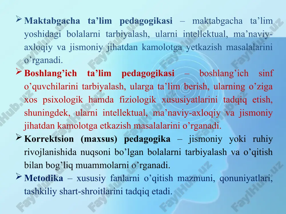 angan fan sohasi bo’lib, muzey muhitida ta’lim-tarbiya berish yo’llarini tadqiq etadi. muzeydagi mazkur ma’rifiy yo’nalish bilan shug’yllanadigan xodim muzey pedagogi deb ataladi. pedagogik antropologiya – falsafiy, ijtimoiy, psixologik antropologiya qonuniyatlariga asoslangan holda ta’lim oluvchi uchun qulay va individual shart-sharoitlarni yaratish hamda ta’limning antropologik modeli va taexnologiyasini o’rganuvchi fan sohasi. pedagogik akmeologiya – barcha yosh davrlari psixologiyasi bilan bog’liqlikda jadal rivojlanayotgan shaxsnig yetuk rivojlanish cho’qqisi – «akme shaxs» darajasiga yetkazish qonuniyatlari, texnika va texnologiyasini tadqiq etadi. pedagogika pedagogika fani shaxsni rivojlantirishning ikki muhim jihati –didaktika va tarbiya nazariyasi fanning muhim tarkibiy qismlari hisoblanadi. didaktika (ta’lim nazariyasi, yunoncha didaktikos «o’rgatuvchi», didasko «o’rganuvchi») ta’limning nazariy jihatlari, ta’lim jarayonining mohiyati, qonun va qonuniyatlari, tamoyillari,o’qituvchi va o’qituvchi faoliyati, ta’limning maqsadi, mazmuni, shakl, metod, vositalari, natijasi, ta’lim jarayonini takomillashtirish yo’llari kabi masalalarni tadqiq etadi. tarbiya nazariyasi –tarbiya jarayonining mazmuni, tarbiya turlari, shakl, metod, vosita va usullari, uni tashkil etish masalalarini o’rganadi. ijtimoiy pedagogika ijtimoiy pedagogika pedagogikaning …