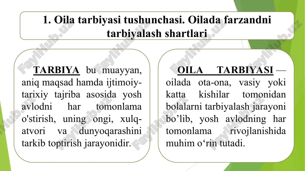 shlarda oilaning mustahkamligini ta’minlovchi bilim va malakalarni shakllantirish. 2. oilada ma’naviy-axloqiy tarbiya ma'naviyat shaxs, xalq, davlat va jamiyatning kuch-qudrati, taraqqiyoti, imkoniyatlari va istiqbollarini belgilab beruvchi ichki ijobiy, ruhiy omildir. ma'naviyat (arabcha «ma'naviyat» — ma'nolar majmui) mohiyatiga ko'ra ijtimoiy taraqqiyotga ijobiy ta'sir o'tkazuvchi falsafiy, huquqiy, ilmiy, badiiy, axloqiy, diniy tasavvur, tushuncha va g'oyalar majmui hisoblanadi. oila ma’naviyati jamiyat ma’naviyati shaxs ma’naviyati axloq shaxsning xatti-harakatlari, yurish-turishi, turmush tarzi, hayot kechirish tamoyillari, qoidalari, ijtimoiy munosabatlar mazmunini ifodalaydi. axloq ijtimoiy hodisa sifatida shaxs va jamiyatning ma'naviy-ruhiy hayotida o'ziga xos o'rin tutadi. “axloq” (lotincha - xulq-atvor ma'nosini bildiradi) ijtimoiy ong shakllaridan biri bo'lib, ijtimoiy munosabatlar hamda shaxs xatti-harakatini tartibga soladigan qonun-qoidalar majmuidir. oila axloqi jamiyat axloqi oilada ma’naviy-axloqiy tarbiya shaxs axloqi oilada ma’naviy-axloqiy tarbiya mohiyatiga ko’ra ijtimoiy-axloqiy me’yorlar mazmunidan xabardor etish, ularga axloqiy me’yorlarning ijtimoiy ahamiyatini tushuntirish, ularda ijtimoiy-axloqiy me’yorlar (talab va ta’qiqlar)ga nisbatan hurmat hissini qaror toptirish asosida axloqiy ong va madaniyatni shakllantirish maqsadi …