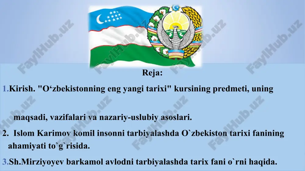 bo'yicha harakatlar strategiyasi o‘zbekiston respublikasining mustaqillik yillarida bosib o‘tgan yo‘lining mazmun-mohiyati va xususiyatlarini obektiv baholagan holda mustaqillik davrini quyidagi ikki bosqichga bo‘lib o‘rganish maqsadga muvofiq bo‘lar edi: birinchi bosqich 1) 1991–2016-yillar. bu davrda milliy davlatchilik asoslari va ijtimoiy yo‘naltirilgan bozor iqtisodiyotini yuzaga keltirishga qaratilgan o‘tish davrining dastlabki islohotlar jarayoniga ilk qadamlar qo‘yildi. demokratik an’analar asosida yangi davlat boshqaruv tizimi – qonun chiqaruvchi, ijro etuvchi va sud hokimiyati tashkil etildi hamda fuqarolik jamiyati asoslari yaratildi, erkin bozor iqtisodiyotiga o‘tila boshlandi. 2000-yildan mamlakatda faol demokratik yangilanish va modernizatsiyalash jarayonlari kuzatildi. jumladan, kuchli davlatdan – kuchli fuqarolik jamiyatiga bosqichma-bosqich o‘tish asosiy vazifa qilib qo‘yildi. natijada mamlakatning siyosiy va iqtisodiy hayotida demokratlashtirish va liberallashtirish jarayonlari chuqurlashdi, inson haq-huquqlari va erkinliklarini himoya qiluvchi mustaqil sud tizimi mustahkamlandi, fuqarolik jamiyati asoslari rivojlandi. 2010-yildan demokratik islohotlar va mamlakatni modernizatsiyalash jarayonini yanada chuqurlashtirish masalasi ilgari surildi ikkinchi bosqich 2) 2017-yildan keyingi yillar. bu davr tarixi 2016-yil dekabr oyida …