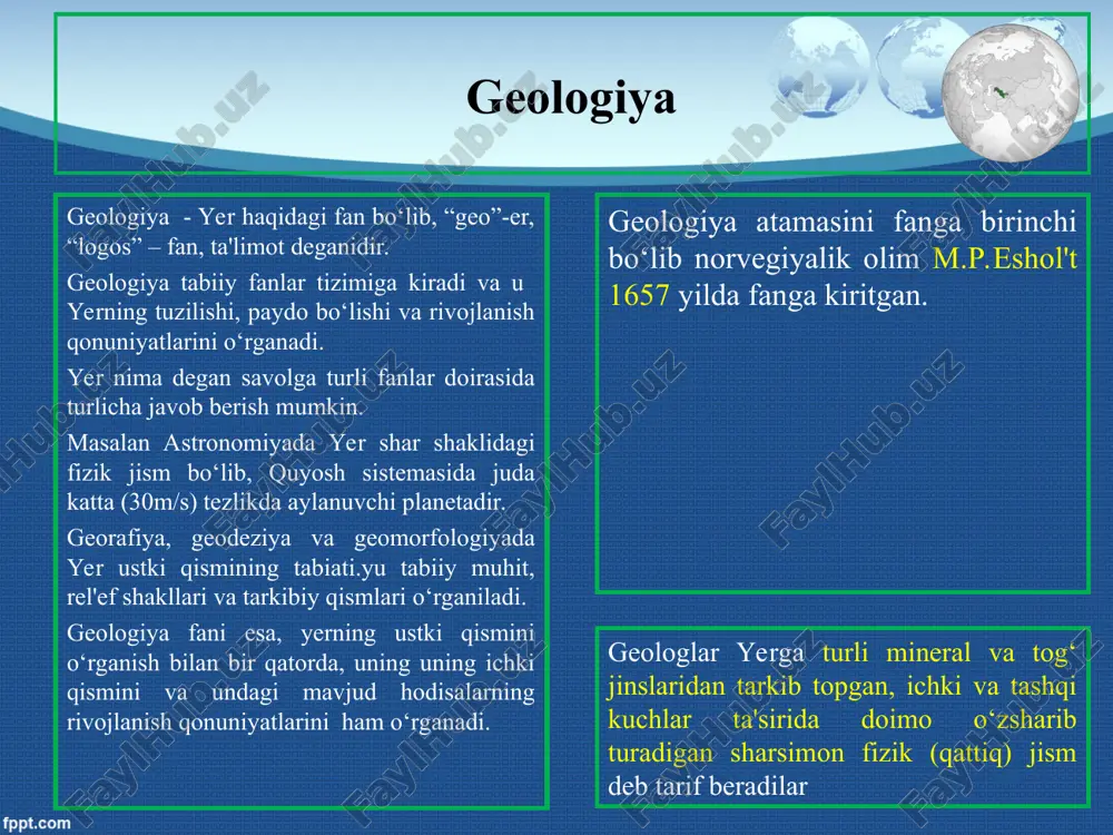 muhandislik nuqtai-nazaridan yondashish yo‘llarini o‘rganadi. - kriogeologiya – muzliklarning ishi, muz yotqiziqlari bilan bog‘liq holda shakllangan poleontologik topilmalar ayrim qazilma boyliklarni qidirib topishda muzlik olib kelgan mahsulotlardan foydalanish yo‘llarini o‘rganadi. - nodir geologik yodgorliklar – geologiya tarkibidan ajralib chiqqan eng yosh yo‘nalishlardan biri. uning zanjirida nodir tarzda uchrovchi geologik hosilalarni o‘rganish yotadi. ushbu yo‘nalishlar garchand mustaqil tarzdagi fan darajasiga yetgan bo‘lsada bir birlari bilan uzviy bog‘liq rivojlanadi va geologiya yaxlit tarzda ularning barchasini biriktirib turadi. savol va topshiriqlar: fanning dolzarbligi haqida sizning fikringiz. fanning maqsadi nimalardan iborat. fanning vazifalari qanday masalalarning yechimiga qaratilgan ushbu fan boʽyicha talabalarning bilim va koʽnikmalariga qoʽyiladigan talablar nimalardan iborat. prezentacii.com e'tiboringiz uchun raxmat