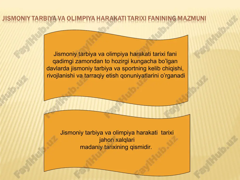 ilda ko’r bayramlar uyushtirganlar. qadimgi olimpiya o’yinlari zevs xudosi sharafiga va uning rahmini keltirish uchun o’tkazilgan; ular diniy bayram deb hisoblangan milodyi 394 yilda rim imperatori feodosiy i farmoni bo’yicha qadimgi olimpiya o’yinlari taqiqlangan. yozma manbalarga ko’ra birinchi qadimgi olimpiya o’yinlarining boshlanishi ikki yunon davlati – elida va sparta davlatlari o’rtasida tinchlik o’rnatilishi bilan bog’langan. qadimgi olimpiya o’yinlarinig ijtimoiy ahamiyati iqtisodiy ahamiyati olimpiya shahri savdo sotiq markaziga aylangan va polislararo shartnomalar tuzilgan. siyosiy ahamiyati ekexeyriya tufayli polislar o’rtasidagi siyosiy munosabatlar yaxshilangan. harbiy ahamiyati davlatlar o’z harbiy qudrati va jangchilarining tayyorgarligini namoyish qilganlar. madaniy ahamiyati gadimgi o’yinlar madaniy dasturida mashhur faylasuf, tarixchchi olimlar o’z asarlari bilan ishtirok etganlar. milodiy 394 yilda rim imperatori feodosiy i tomonidan maxsus edikt e’lon qilinib, qadimgi olimpiya o’yinlari taqiqlangan. rim davlati miloddan avvalgi 754 yilga vujudga keligan. qadimgi rim tarixi 3 davrdan iborat: shoxhlar davri (mil.av.viii -vi asrlar) tarbiya tizimi: o’g’il bolalar va o’smirlar ota tarbiyasini …