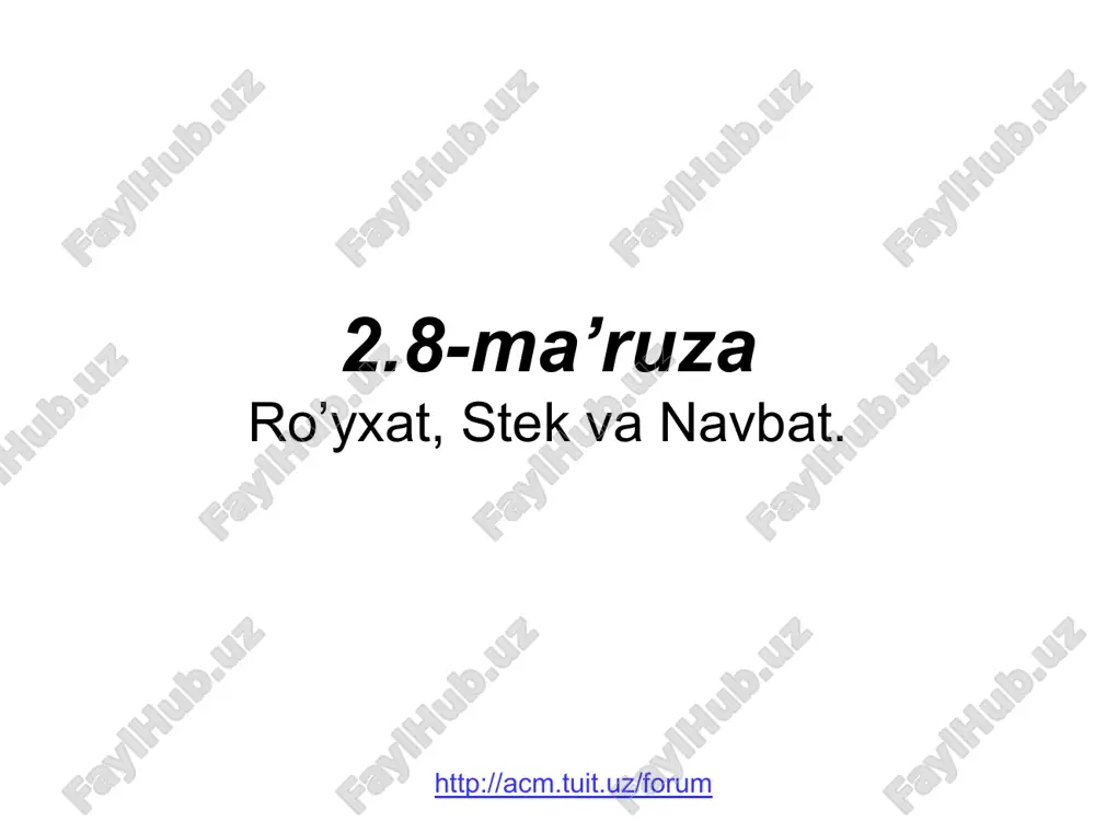 madir qilish q = q->next; // keying tugunga o’tish } ... null head q * * ro’yxat oxiridan tugun qo’shish masala: ro’yxat oxiridan yangi tugun qo’shish. algoritm: q->next null ga teng bo’lsa oxirgi q tugunni topish; q manzilli tugundan keyin tugun qo’shshish (addafter prosedurasi). maxsus holat: bo’sh ro’yxatni qo’shish. void addlast ( pnode &head, pnode newnode ) { pnode q = head; if ( head == null ) { addfirst( head, newnode ); return; } while ( q->next ) q = q->next; addafter ( q, newnode ); } maxsus holat – bo’sh royxat qo’shish oxirgi tugunni izlash q tugundan keyin tugun qo’shsihs * * muammo: oldingi tugunni manzilini bilish kerak, orqaga qaytish mumkin emas! yechim: oldingi q tugunni topish (ro’yxat boshidan boshlanadi). berilgandan oldin tugun qo’shish void addbefore ( pnode & head, pnode p, pnode newnode ) { pnode q = head; if ( head == p ) { addfirst …
