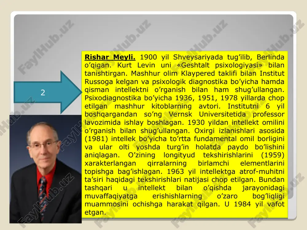 d porteus), arnold lyusius gezell, robert session vudvorts, kichik edvard kella strong, german rorshax, trumen li kelli va boshqalar ham munosib ulushni qo`shishgan psixodiagnostikaning miqdoriy metodlarini yaratilishi xix asr ikkinchi yarmida, nemis psixologi v.vund rahbarligi ostida yaratilgan birinchi tajribaviy psixologik laboratoriyaning faoliyati bilan asoslanadi. bu laboratoriyada psixodiagnostik tahlillar qilish maqsadida turli xil asbob-uskunalardan foydalanar edilar. shuningdek, ushbu davrda psixik va fizik holatlar o’rtasidagi miqdoriy bog’lanishlar mavjudligini izohlagan psixofizik qonunning yaratilishi, psixodiagnostika usullarining yaratilish jarayonini tezlashtirib yubordi. asosiy psixofizik qonun psixologik holatlarni o’lchash imkoniyatini ochdi va bu yangilik sezgini o’lchash uchun subyektiv shkalaning yaratilishiga sabab bo’ldi. mazkur qonunga muvofiq, asosiy o’lchash obyekti bo’lib, inson sezgilari hisoblandi. shu bois, xix asr oxirlarigacha amaliy psixodiagnostika sezgi jarayonlarini o’lchash bilan chegaralandi, xolos. psixodiagnostikaning shakllanishida v.vund laboratoriyasining o’rni. 2.3. birinchi statistik asoslangan testlar. psixodiagnostikaning xx asrdagi shakllanish davri birinchi statistik asoslangan testlardan biri intellektga oid bo’lib, fransuz olimi a.bine tomonidan 1905-1907 yillarda ishlab chiqildi va …