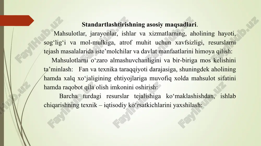 vazirlar mahkamasi tomonidan tasdiqlangan davlat ta’lim standartlari ishlab chiqiladi. standartlashtirishga doir normativ xujjatlar jumlasiga, shuningdek standartlashtirish qoidalari, normalari, texnik-iqtisodiy axborot klassifikatorlari am kiradi. mazkur xujjatlarni ishlab chiqish va qo‘llash tartibi “o‘zstandart” agentligi tomonidan belgilanadi. standartlashtirishga doir normativ xujjatlar vatanimiz hamda chet el fan va texnikasining zamonoviy yutug‘lariga asoslangan va o‘zbekiston respublikasining qonun xujjatlariga muvofiq bo‘lishi lozim. normativ xujjatlarsiz mahsulot ishlab chiqarish va realizatsiya qilishga yo‘l qo‘yilmaydi. standartlashda 6 turdagi me’yoriy hujjatlar ishlatiladi: xalqaro (davlatlararo, mintaqaviy) standartlar o‘zrning standartlari-standartlashtirishda me’yoriy-texnik hujjat bo‘lib, standartlashtirish obyektiga kompleks me’yor, talab, qoidalarni belgilab beradi va tegishli organlar tomonidan tasdiqlanadi. standartlar material tipidagi narsalarga, shuningdek, me’yorlar, talablar,qoidalarga ishlab chiqiladi. texnik shartlar. standartlashtirshdagi me’yoriy-texnik xujjat bo‘lib, ma’lum buyum, material va boshqa mahsulotlarni tayyorlashda va nazoratida umumiy talablarni belgilab beradi. st (ost)-tarmoq standartidan shu tarmoqdagi barcha korxona va tashkilotlari foydalanadilar, shuningdek, bu buyumni tayyorlovchi, ishlab chiqaruvchi va qo‘llovchi boshqa korxona va tashkilotlar ham foydalanadilar. kst (stp)-korxona standardi - …