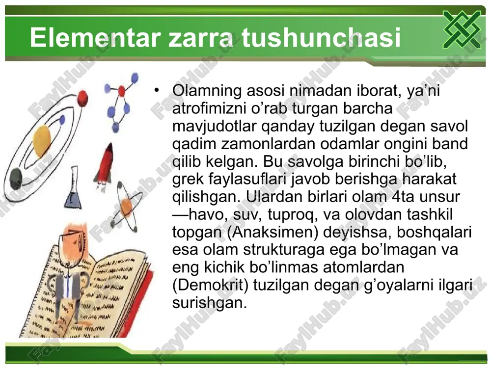 di.1932 yili esa k. anderson tomonidan birinchi antizarracha –e+ tajribada kuzatildi. shunday qilib, 1940 yillar oxiriga kelib elementar zarralar soni 15 tagacha yetdi. lekin koinot nurlari bilan bo’ladigan jarayonlarni o’rganish va elementar zarralarni tezlashtiruvchi texnikaning taraqqiyoti yanada yangi elementar zarrlarning ochilishiga olib keldi.1950 yillarning o’zida 15 tagacha yaqin yangi zarralar kashf qilindi, 1960 yillarning o’rtalariga kelib, elementar zarralar soni mendeleyev davriy sistemasi elementlari sonidan ham oshib ketdi.