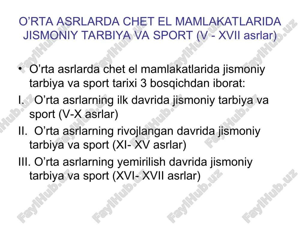oniy tarbiya hindiston xatxa yoga jismoniy mashqlar mashq turlari: kurash tana harakatlari qoidalari kamondan o’q otish milliy raqslar ot o’iynlari marosimlar bilan bog’lik o’yinlar va mashqlar. o’rta asrlarda osiyo mamlakatlarida jismoniy tarbiya xitoy ushu gimnastikasi o’iynlar qo’l va kaft bilan zarba berish ot polosi oyoq bilanzarba berish yugurish davolash gimnastikasi xatxa yoga qurosiz yakkakurash tizimi o’rta asrlarda osiyo mamlakatlarida jismoniy tarbiya yaponiya samuray jangchilarni tayyorlash jismoniy tarbiya tizimi. mashq turlari: kurash (sumo, karate, jiu jitsu) qilichbozlik (kendo) nayzabozli (naginata) kamondan o’q otish (kyudo) marosimlarda an’anaviy o’yinlar to’p bilan o’yinlar. o’rta asr gumanistlari vittorino da feltre (1378–1446) fransua rable (1494–1553) ieronim merkurialis (1530–1606) tomas mor (1478–1535) tomazzo kampanella (1568–1639) yan amoc komenskiy (1592–1670) vittorino da feltre (1378–1446) italiyaning mantue shahrida “shodlik uyi” nomli maktab ochgan. maktab dasturi aqliy, estetik, jismoniy tarbiyadan iborat bo’lgan. jismoniy tarbiya maqsadi: harakat go’zalligi va nafisligi, egiluvchanlik, chaqqonlikni tarbiyalash. mashq turlari: chavandozlik o’yin va raqslar kurash. fransua …