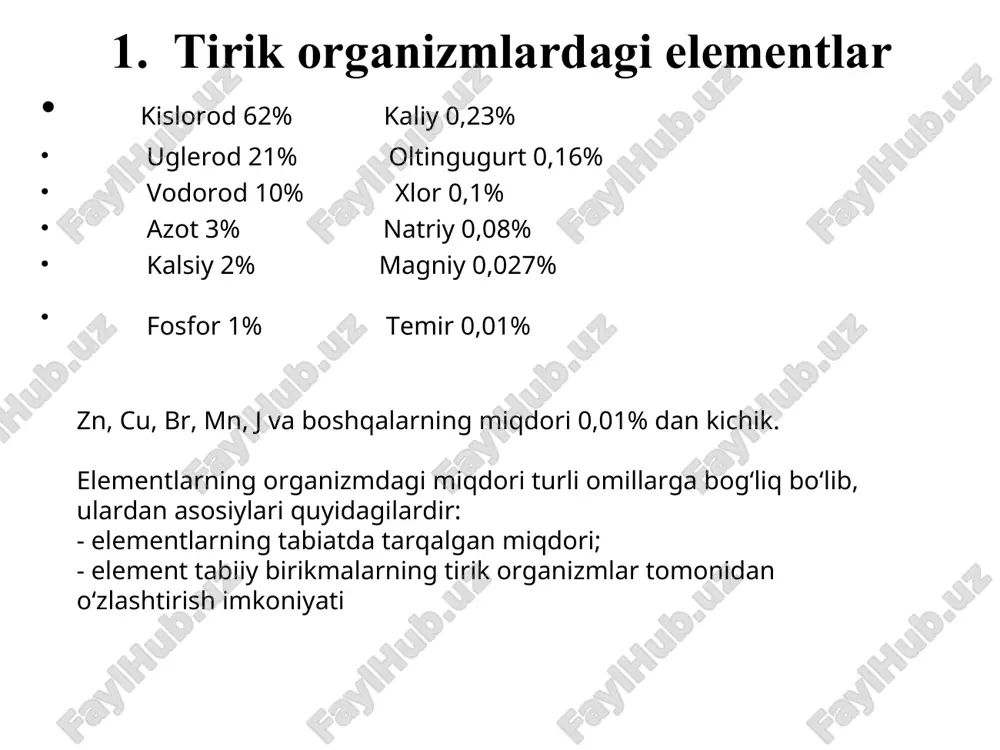 hamiyati oxirigacha aniqlanmagan elementlar. bu sinf elementlari boshqa sinf elementlari singari tirik organizmda doimiy ravishda uchraydi. ammo ulardan farqli ravishda organizmda qanday molekulalar tarkibiga kirishi, biror-bir biologik ahamiyatga ega ekanligi aniqlanmagan. biologik vazifasi mutloq noaniq bo‘lgan bunday elementlarga bi, u, ru larni keltirish mumkin.