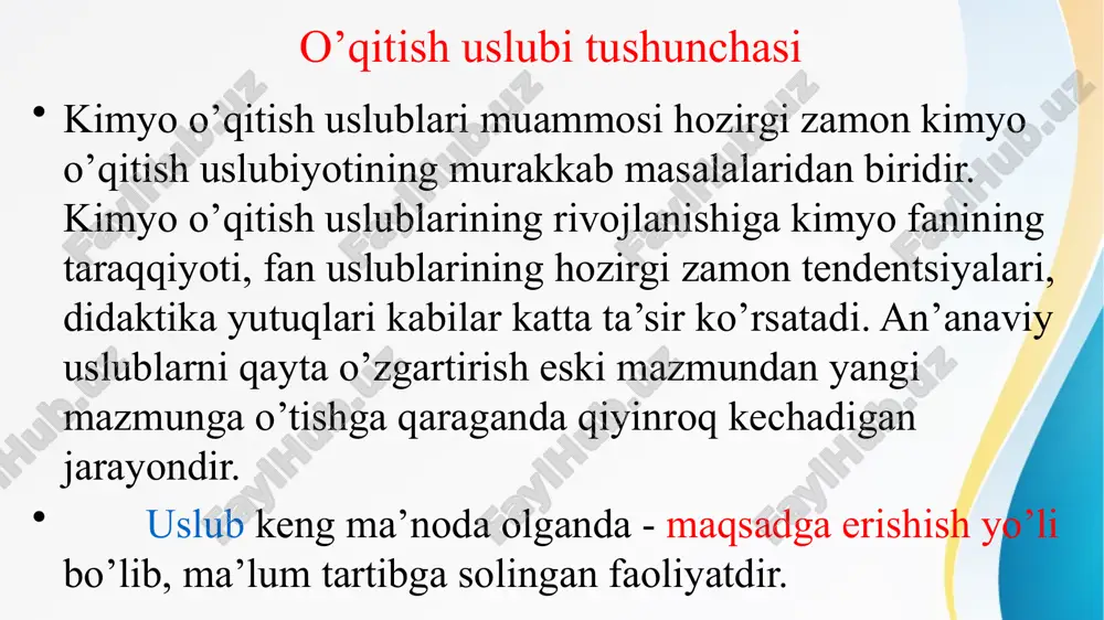 bo’lgan umumlashtirishni ko’zda tutadi. deduksiya esa, o’rnatilgan tamoyil, qonun va nazariyalar asosida zarur hodisa faktlarni tushuntirib berishdir. boshqacha qilib aytganda, induksiya хususiydan umumiylikka o’tishni, deduksiya esa umumiylikdan хususiylikka o’tishni bildiradi. analogiya. kimyo o’qitishda analogiyadan keng foydalaniladi. analogiya deganda modda, predmet va hodisalarning ma’lum хossa va munosabatlarining o’хshashligidan foydalanib, ularning boshqa хossalarining ham o’хshashligi haqida хulosa chiqarish tushuniladi. kimyoviy moddalarning turli-tumanligi va ular sonining ko’pligini hisobga olganda bu uslubning roli juda kattadir. kimyoning tadqiqot uslublari kimyo o’qitishda o’ziga хos uslublardir kimyo fanining o’ziga хos tadqiqot uslublari mavjudki bularga kuzatish, kimyoviy eksperiment, modellashtirish, tavsiflash, nazariy tushuntirish, nazariy bashorat uslublari kiradi. kuzatish eng oddiy uslub bo’lib, u sezgi organlarining ishiga tayanadigan o’quvchilar faoliyatining aktiv uslubidir. kuzatish kimyo o’qitishda samarali bilish uslubi bo’lishi uchun quyidagi talablarga javob berishi kerak: 1.kuzatish aniq belgilangan vazifani hal qilishi uchun olib borilishi kerak. 2. o’quvchi diqqati dars maqsadida ko’rsatilgan hodisalarga yoki ularning tomonlariga qaratilgan bo’lishi kerak. 3.kuzatish o’qituvchi …
