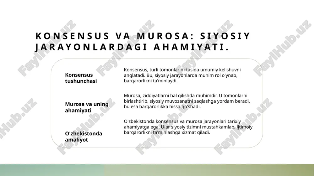 k davrida shakllana boshladi, aholining turli qatlamlari o'rtasida hamjihatlikni kuchaytirish maqsadida. 1996-yil kelishuvi 1996-yilda imzolangan kelishuvlar o'zbekistonning siyosiy barqarorligini ta'minlashda muhim rol o'ynab, partiyalar o'rtasida murosani rivojlantirdi. 2005-yil andijon voqealari andijon voqealari natijasida siyosiy konsensus zarurati yanada oshdi, hukumat va fuqarolik jamiyati o'rtasida muloqot o'rnatishga harakatlar kuchaydi. hozirgi davr hozirgi kunda o'zbekistonda siyosiy konsensus, iqtisodiy islohotlar va ijtimoiy barqarorlikni ta'minlashda asosiy mexanizm sifatida qabul qilinmoqda. murosa orqali barqarorlik: o'zbekiston tajribalari va strategiyalari. 1 murosaning ahamiyati o'zbekistonda murosa, siyosiy barqarorlikni ta'minlashda muhim ahamiyatga ega. u, turli guruhlar o'rtasida dialog va hamkorlikni rivojlantiradi. 2 tarixiy tajribalar o'zbekistonda murosa jarayonlari, 1991-yildan keyin mustaqil davlat sifatida qabul qilingan strategiyalar bilan bog'liq. bu, siyosiy barqarorlikka olib keldi. 3 zamonaviy strategiyalar hozirgi kunda o'zbekistonda murosa va konsensus, iqtisodiy va ijtimoiy taraqqiyot uchun yangi loyihalar va dasturlar orqali amalga oshirilmoqda. o'zbekistonda siyosiy kelishuvlarning ijtimoiy ta'siri va muhimligi. ijtimoiy barqarorlik o'zbekistonda siyosiy kelishuvlar ijtimoiy barqarorlikni ta'minlaydi, fuqarolar o'rtasida …