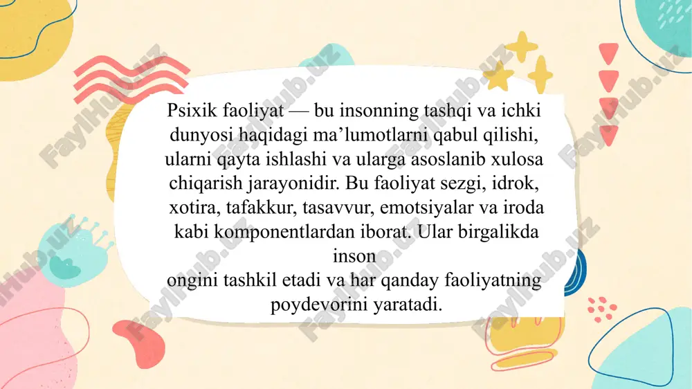zini anglash, boshqalarni tushunish va o‘zini boshqarish ko‘nikmalarini yaxshiroq rivojlantiradi. salbiy muhit esa bu jarayonlarga to‘sqinlik qiladi presentation template by psixik regulyatsiyada yosh xususiyatlari yoshga qarab psixik regulyatsiya darajasi o‘zgaradi. bolalarda bu jarayon hali shakllanmagan bo‘ladi. ular emotsiyalarini boshqarishda qiynaladi. o‘smirlikda regulyatsiya kuchayadi, biroq ijtimoiy ta’sir kuchli bo‘ladi. kattalarda esa tajriba asosida ongli boshqaruv ustunlik qiladi. presentation template by ijtimoiy omillar — inson atrofidagi odamlar, munosabatlar, qadriyatlar va normalar — psixik regulyatsiyani shakllantirishda muhim ahamiyatga ega. do‘stlar, oila, ustozlar, jamoa a’zolari insonning o‘zini tutishiga, qarorlar qabul qilishiga va emotsiyalarini ifodalashiga ta’sir qiladi. ijtimoiy omillar ijtimoiy omillar — inson atrofidagi odamlar, munosabatlar, qadriyatlar va normalar — psixik regulyatsiyani shakllantirishda muhim ahamiyatga ega. do‘stlar, oila, ustozlar, jamoa a’zolari insonning o‘zini tutishiga, qarorlar qabul qilishiga va emotsiyalarini ifodalashiga ta’sir qiladi. presentation template by stress va psixik regulyatsiya stress — bu insonda jismoniy yoki ruhiy bosim natijasida yuzaga keladigan holat. stress psixik regulyatsiyani izdan …