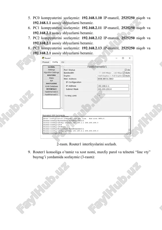 nsol rejimida buyruqlar kiritilishini to'xtatishi mumkin. · “exec-timeout” buyrug’i shunchaki liniya uchun kutish chegarasini jimlik holatidagi “10 daqiqa”ni o’rnatadi. 10. telnet bog’lanishni tekshiramiz: 10.1. administrator yoki mijoz shk dan buyruqlar satriga kiramiz. 10.2. buyruqlar satriga telnet 192.168.1.1 ni kiritamiz va enter tugmasini bosamiz. 10.3. telnet foydalanuvchi nomi va parolini kiritamiz. 10.4. enable buyrug’ini kiritamiz va enter tugmasini bosamiz. 10.5. marshrutizator parolini kiritamiz (4-rasm) 4-rasm. telnet ishini tekshirish. 11. ssh sozlamalarini 5-rasmda ko’ratilgan tartibda bajaramiz. 5-rasm. ssh sozlamalari · “line vte 1 3” – bu buyruq ssh ga kirish huquqini faqat 1 va 3 virtual terminal liniyalarini o’rnatadi. · “username admin password cisco” – bu ssh ga kirish uchun foydalanuvchi nomi va paroli. · “crypto key generate rsa” buyrug’ini kiritganamizizda “how many bits in the modulus [512]:” so’rasa shunchaki “1024” ni kiritamiz va enter tugmasini bosamiz. tizim aloqa seansini himoyalash uchun 1024 bitli kalitni generatsiyalaydi. siz 360 dan 2048 gacha bo’lgan …