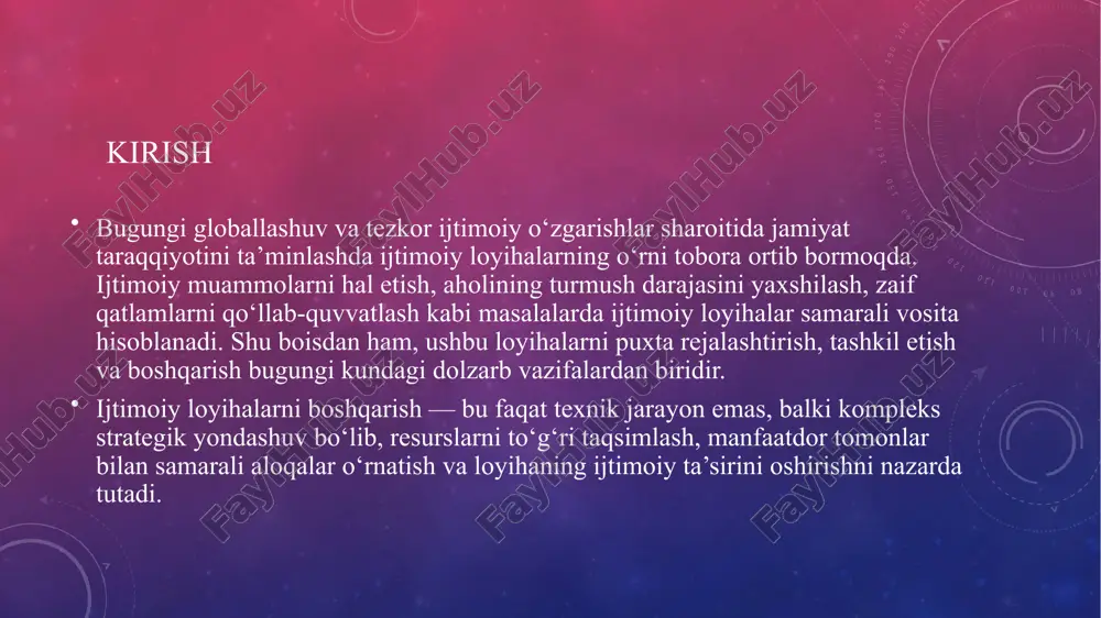 lakatimizda loyiha deyilganda chizmalar majmuasi tushunilgan va unda hajm- rejaviy, konstruksion, tashkiliy, texnologik va boshqa ishlab chiqarish qarorlarini o’z aksini topar edi. ko’proq ishlab chiqarish loyihalarga tegishli bo’lib, ularning quyidagi turlari mavjud bo’lgan: -texnik loyiha; -ishchi loyiha; -ishlab chiqarishni tashkil etish loyihasi; -ishlarni barish loyihasi. ularning barchasi odatda loyiha-smeta hujjatlari deyiladi. mening nazarimda, ijtimoiy loyiha bu – jamiyat uchun boshlangan va jamiyat uchun qilinadigan harakatdir. har bir loyiha, xoh u ta’lim, xoh sog‘liqni saqlash, xoh uysizlarga yordam ko‘rsatishga qaratilgan bo‘lsin, baribir u odamlar hayotini o‘zgartirishni maqsad qiladi. ijtimoiy loyihalarning mohiyati shundaki – ular faqat muammoga qarshi emas, balki ijobiy o‘zgarish tarafdori. har bir ijtimoiy loyiha imkoniyatlar yaratish, ehtiyojmandlar uchun ovoz bo‘lish demakdir. ijtimoiy loyihalarni boshqarishning nazariy asoslari har bir ijtimoiy loyiha besh bosqichdan iborat bo'lib, ular davomida muayyan tadbirlar amalga oshiriladi: atrof-muhitni tahlil qilish: bu bosqichda muammolar va ehtiyojlar aniqlanadi, ustuvorliklar aniqlanadi, loyiha ta'sir qiladigan resurslar va aholi soni prognoz …