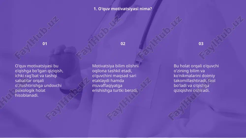 va ijobiy teskari aloqalar motivatsiyani oshiradi, bilim olish jarayonini yanada samarali qiladi. 8. ijobiy muhit yaratish o‘quv motivatsiyasiga rahbarning boshqaruv uslubi kuchli ta’sir ko‘rsatadi. ochiq va adolatli boshqaruv o‘quvchini rag‘batlantiradi, mustaqillikni qo‘llab-quvvatlaydi. o‘qituvchi va o‘quvchi o‘rtasidagi samimiy munosabatlar o‘quv jarayoniga ijobiy ta’sir qiladi. hurmat asosida qurilgan aloqalar motivatsiyani oshiradi. tashkiliy madaniyat va jamoada ijobiy muhit yaratish, o‘quvchilarning ishtirokini kuchaytirib, o‘rganishga bo‘lgan qiziqishini sezilarli oshiradi. 27% 27% 46% 9. boshqaruv va munosabatlar rag'batlantirish o'quvchilarda bilim olishga qiziqishni oshirishda muhim vosita hisoblanadi. to'g'ri usullar motivatsiyani kuchaytirishga yordam beradi va samaradorlikni oshiradi. baholashda adolatli yondashuv, rag'batlantiruvchi so'zlar, kichik sovg'alar yoki faxriy yorliqlar orqali o'quvchilarni ilhomlantirish mumkin. bu ular uchun ijobiy turtki bo'ladi. o'qituvchilar va ota-onalar doimiy qo'llab-quvvatlovchi muhit yaratib, o'quvchilarning ishtiyoqini uyg'otishlari kerak. bu yondashuv muvaffaqiyatga erishishga yo'l ochadi. 10. rag'batlantirish usullari 03 o'yinlar va interaktiv metodlar o'quvchilarda faollikni oshiradi. mazkur usullar bilim olishni qiziqarli hamda ta'sirchan holatga keltiradi. natija yaxshilanadi. interaktiv metodlar, …