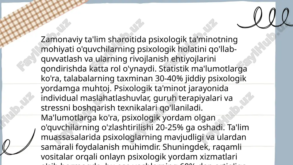 - xizmatlar aniq dalillarga asoslanishi kerak. 2. maxfiylik - mijozlarning shaxsiy ma'lumotlari sir saqlanishi lozim. 3. individual yondashuv - har bir mijozning o'ziga xosligi hisobga olinadi. 4. professional kompetensiya - psixologlar yuqori malaka va amaliy tajribaga ega bo'lishi kerak. strukturasi: psixodiagnostika, korreksiya, maslahat berish va rivojlantirish dasturlarini o'z ichiga oladi. bu xizmatlar turli yoshdagi insonlar uchun moslashtirilgan bo'lib, ular bolalar, o'smirlarga va kattalarga tegishli psixologik muammolarni hal qilishni ko'zda tutadi. har bir bosqichda ehtiyotkorlik bilan yondashish va professionalik talab etiladi. ... t.me/slaydai_bot ta'lim muassasalarida psixologik xizmatni tashkil etish o‘quvchilarning ruhiy salomatligini saqlash va rivojlantirish uchun muhimdir. o‘zbekistonda 2019-yilda 10 mingdan ortiq maktabda psixologlar faoliyat yuritmoqda. psixologik xizmat o‘quvchilar orasida stress, bezovtalik va boshqa psixologik muammolarni aniqlash va ularni hal qilishga yordam beradi. 2022-yilda psixologik xizmat ko‘rsatishni yaxshilash uchun maktab psixologlarini professional rivojlantirish bo‘yicha 1500 dan ortiq treninglar o‘tkazilgan. shu bilan birga, o‘quvchilarning o‘quv mashg‘ulotlariga muvaffaqiyatli qatnashishi uchun 5000 pratiyoni va …