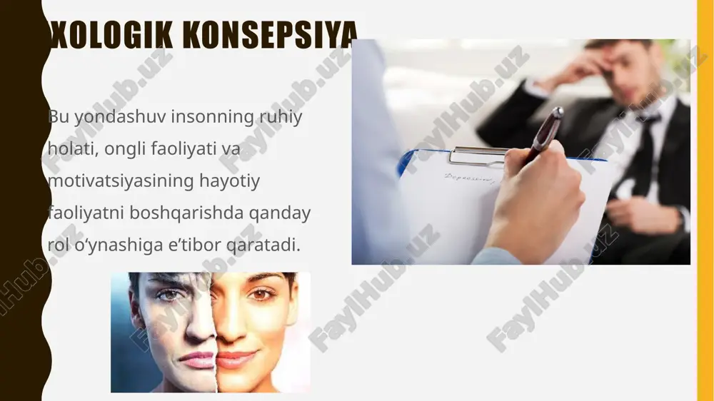mpulslar orqali signal yuboradi. avtonom asab tizimi: yurak urishi, nafas olish, ovqat hazm qilish kabi ixtiyoriy bo‘lmagan jarayonlarni boshqaradi. reflekslar: avtomatik javoblar (masalan, qo‘lni issiq narsadan tortib olish). homeostaz: organizmning ichki muvozanatini saqlash (masalan, tana harorati, qon bosimi). misol: yugurayotgan paytda yurak urishi va nafas olish tezlashadi — bu organizmning faoliyatga fiziologik moslashuvi hisoblanadi. bu konsepsiya inson faoliyatini boshqarishda shaxsiy ichki resurslar — aqliy salohiyat, hissiy holat, ijtimoiy omillar va motivatsion tizimlarga asoslanadi. qo‘shimcha jihatlar: kognitiv jarayonlar: idrok, tafakkur, xotira, e’tibor kabi psixik funksiyalar faoliyat samaradorligiga ta’sir qiladi. ijtimoiy-psixologik omillar: oila, do‘stlar, jamoa bosimi yoki qo‘llab-quvvatlashi insonning faoliyatini yo‘naltirishi mumkin. faoliyatga yondashuv uslublari: ba’zi odamlar muammolarga muammosifat yondashadi (problem-focused), boshqalar esa hissiy yengillik izlaydi (emotion-focused coping). yakuniy mulohaza: ish joyida stressdan aziyat chekayotgan odam psixologik yondashuv yordamida meditatsiya, vaqtni to‘g‘ri boshqarish va ijobiy fikrlash orqali o‘zini qayta boshqarishi mumkin. yakuniy mulohaza: inson hayotiy faoliyatini boshqarishda ushbu konsepsiyalar bir-biri bilan uzviy …