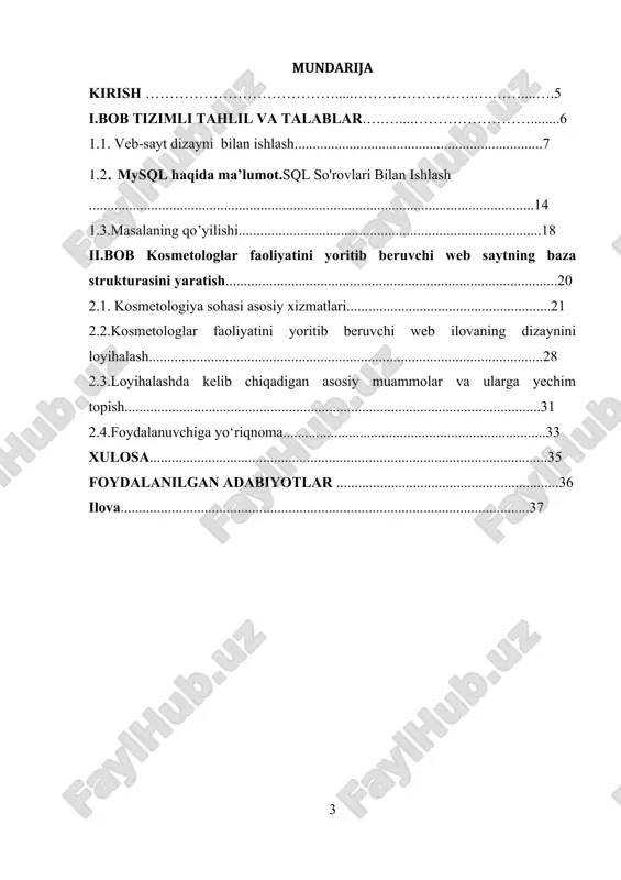 web saytni sizning brauzeringiz tushunmaydigan joylarini unga tarjima qilib jo‘natadigan tarjimon bu web server hisoblanadi. bu yerda kliyent yani siz tomonda sizning brauzer va u tushunadigan web dasturlash tillari (html, css, java script) turgan bo‘lsa, server tomonda apache - web server, php - php tili uchun interpretator va ma’lumotlar ombori bilan ishlash uchun vosita (bu mysql, oraclevaboshqalarbo’lishimumkin)turibdi.bundantashqariservertomonidayana boshqa tillar hambo‘lishi mumkin. loyiha g‘oyasi va maqsadi. mazkur loyiha zamonaviy va funksional web sayt yaratishni maqsad qilib qo‘yadi. loyiha quyidagi maqsadlarni amalga oshirishni ko‘zda tutadi. foydalanuvchilar uchun qulay va intuitiv interfeysni ta‘minlash. kosmetolog bilan tez va xavfsiz xabar almashish imkoniyatini yaratish. loyihaning dolzarbligi. beauty.uz sayti zamonaviy texnologik rivojlanish va kommunikatsiya ehtiyojlari kontekstida dolzarb hisoblanadi. ushbu sayt nafaqat foydalanuvchilar uchun qulay, balki biznes uchun ham yangi imkoniyatlarni ochadi. misol qilib istalgan vaqtda va istalgan joyda aloqada bo‘lish imkoniyatini yaratish, muloqotni tezkor va xavfsiz amalga oshirish, loyihaning asosiy vazifalari. mazkur loyiha foydalanuvchilarga qulay va …