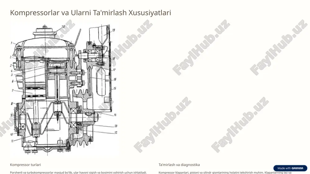 hun zarur bo'lib, u ishlab chiqarish sifatiga bevosita ta'sir ko'rsatadi. 7 uzish klapani ta'miri va tekshiruvi klapan qismlari ta’miri klapan kallagi, plunjer va probkalari yig‘ilib, zarur joylari pritirlab tuzatiladi. rostlash va sinov maxsus stendda klapan bosim ostida sinovdan o'tkaziladi va havo sizishligi tekshiriladi. ishlash mexanizmi shtok va richag yordamida klapan ishlatiladi, bu orqali klapan atmosfega havoni chiqaradi yoki uzishni ta'minlaydi. klapanning sifatli ishlashi mashinaning ish faoliyatiga bevosita ta’sir qilishi sababli ta'mirda yuqori aniqlik va sinovlardan o'tkazish zarur. 8 image-1002-1.png image-1002-2.png image-1-1.png image-1-2.png image-1003-1.png image-1003-2.png image-2-1.png image-1004-1.png image-1004-2.png image-3-1.png image-1005-1.png image-1005-2.png image-4-1.png image-1006-1.png image-1006-2.png image-5-1.png image-5-2.png image-5-3.png image-5-4.png image-1007-1.png image-1007-2.png image-6-1.png image-1008-1.png image-1008-2.png image-7-1.png image-1009-1.png image-1009-2.png image-8-1.png image-8-2.png image-8-3.png image-8-4.png