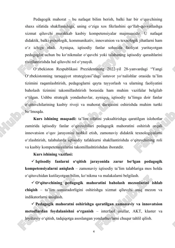ni oshirishda muhim turtki bo‘lmoqda. kurs ishining maqsadi: ta’lim sifatini yuksaltirishga qaratilgan islohotlar zamirida iqtisodiy fanlar o‘qituvchilari pedagogik mahoratini oshirish orqali innovatsion o‘quv jarayonini tashkil etish, zamonaviy didaktik texnologiyalarni o‘zlashtirish, talabalarda iqtisodiy tafakkurni shakllantirishda o‘qituvchining roli va kasbiy kompetensiyalarini takomillashtirishdan iboratdir. kurs ishining vazifasi: · iqtisodiy fanlarni o‘qitish jarayonida zarur bo‘lgan pedagogik kompetensiyalarni aniqlash – zamonaviy iqtisodiy ta’lim talablariga mos holda o‘qituvchidan kutilayotgan bilim, ko‘nikma va malakalarni belgilash. · o‘qituvchining pedagogik mahoratini baholash mezonlarini ishlab chiqish – ta’lim samaradorligini oshirishga xizmat qiluvchi aniq mezon va indikatorlarni aniqlash. · pedagogik mahoratni oshirishga qaratilgan zamonaviy va innovatsion metodlardan foydalanishni o‘rganish – interfaol usullar, akt, klaster va loyihaviy o‘qitish, tadqiqotga asoslangan yondashuvlarni chuqur tahlil qilish. · o‘qituvchilar uchun malaka oshirish va qayta tayyorlash dasturlarini takomillashtirish – uzluksiz kasbiy rivojlanish imkoniyatlarini yaratish va ularni amaliyot bilan uyg‘unlashtirish. · iqtisodiy bilimlarni samarali yetkazish uchun pedagogik vosita va strategiyalarni ishlab chiqish – auditoriyaning yosh, qiziqish va …