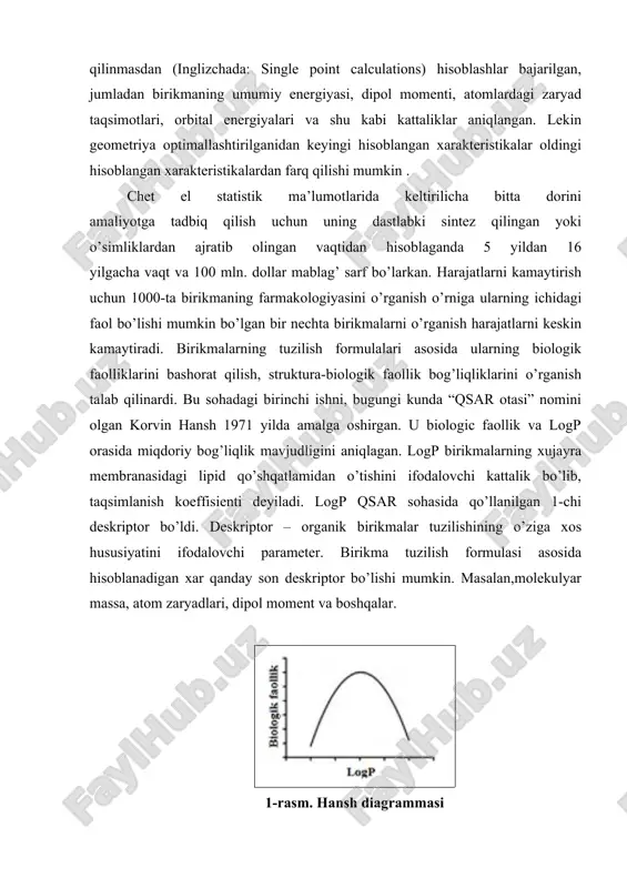 i va geometrik xarakteristikalarini ifodalash maqsadida besh mingdan ortiq deskriptorlar aniqlangan. deskriptorlarni hisoblaydigan maxsus programmalar yaratilgan. shulardan eng mashxuri dragon (komersial) programmasi hisoblanadi. uning oxirgi varsiyasi ma’lum bo’lgan deskriptorlarning hammasini hisoblash imkoniyatini beradi. 2-rasm. dragon programmasidagi deskriptorlar kategoriyasi. uning bepul variantida 1400-ga yaqin 18-ta kategoriyadagi deskriptorlarni hisoblash mumkin (-rasm). yaratilgan deskriptorlar birikmalarning reaksion qobiliyati, fizikkimyoviy xarakteristikalari va biologik faollikni matematik modellashda, yani miqdoriy jihatdan baholovchi matematiktenglamalar (modellar) tuzishda keng qo’llanilmoqda. qsar yoki qspr sohasida 1-chi bosqichda bir qator birikmalarning tajribada o’rganilgan faolligini yoki xossasini ifodalovchi kattaliklar uchun deskriptorlardan foydalangan holda matematik model tuziladi. biologik faollikni ko’rsatuvchi parametr sifatida ic50 (inhibitory concentration), ec50 (effective concentration) yoki ed50(effective dose) olinishi mumkin. birikmalarning toksikologiyasi o’rganilayotgan bo’lsa ld50 (lethal dose 50%) olinadi. bu kattaliklar 1/logic (1/loged, 1/logld) holatiga o’girilgan holda olinadi. modellar tuzish jarayonida modelning ishonchli bo’lishi muhim ahamiyat kasb qiladi. ishonchli modellar olish uchun o’rganilayotgan birikmalarning 75-80 foizi tajriba guruhiga qolgan 20-25 foizi …