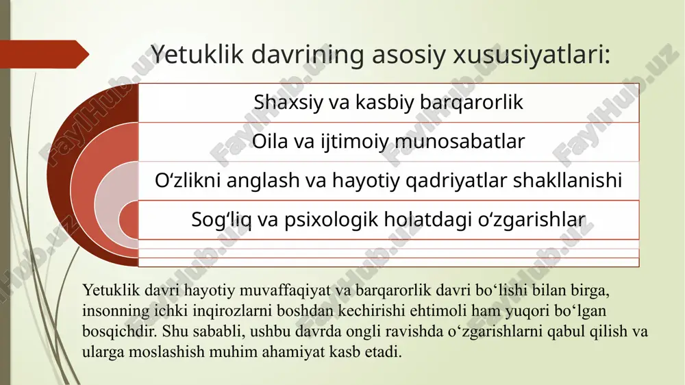 lib, bu davrda kasbiy faoliyat, oila, sog‘liq va shaxsiy rivojlanish bilan bog‘liq turli inqirozlar yuzaga kelishi mumkin. ushbu inqirozlar insonning o‘z-o‘zini anglash jarayoni, jamiyatdagi o‘rni va hayotiy qadriyatlarini qayta baholashga olib keladi. yetuklik davrida duch kelinadigan inqirozlarni yengish uchun inson o‘zgarishlarga moslashishi, o‘zining kasbiy va shaxsiy hayotida muvozanatni saqlashi, sog‘lom turmush tarziga rioya qilishi va ruhiy barqarorlikni mustahkamlashi lozim. shuningdek, oilaviy munosabatlarni mustahkamlash, yangi maqsad va qadriyatlar shakllantirish ham ushbu bosqichni muvaffaqiyatli o‘tishda muhim ahamiyat kasb etadi. image1.png /docprops/thumbnail.jpeg