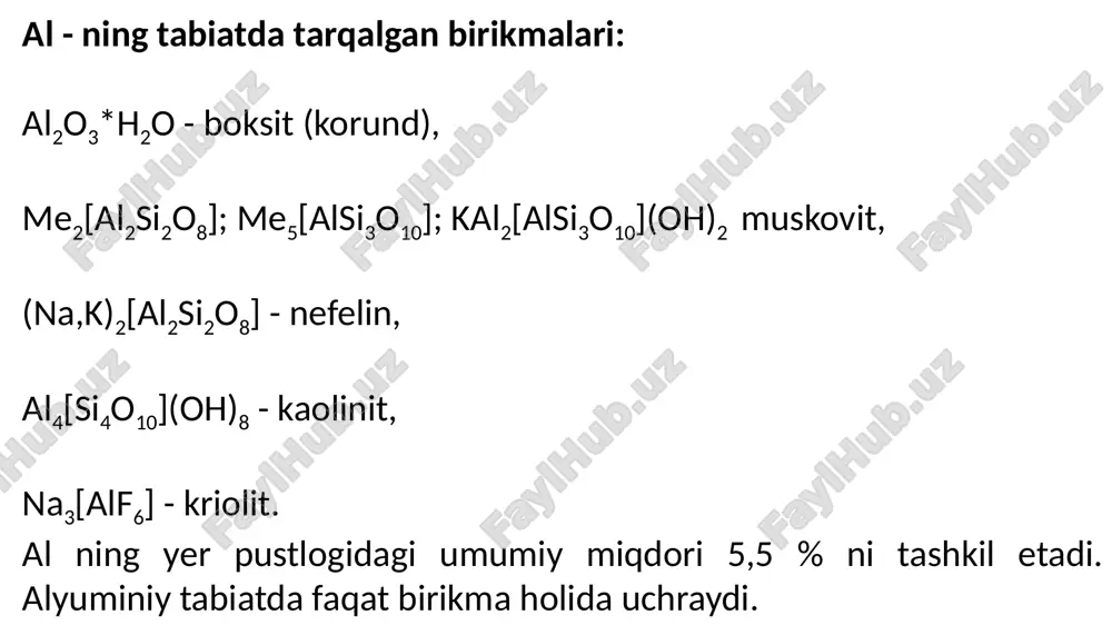 giga qarab o‘ta sof, juda sof va texnik sof xillarga bo‘linadi. o‘ta sof aluminiy (aluminiy 999 markali) 0,001% gacha qo‘shimchaga, juda sof aluminiy (aluminiy 995. aluminiy 99, aluminiy 97, aluminiy 95 markalar) 0,005 dan 0,05% gacha, texnik sof aluminiy (a85, a8, a7, a5, ao, a va aye markalar) esa 0,015% dan 1,000% gacha qo‘shimchaga ega bo‘ladi. aluminiy yengil va puxta qotishmalar olishda juda katta ahamiyatga ega. aluminiy oksidi (al2o3) — rangsiz kristall modda. suyuqlanish harorati — 2072°c, suvda erimaydi. aluminiy oksidi amfoteroksiddir, konsentrlangan kislotalarda erib, aluminiy tuzlarini, ishqorlarda erib, aluminat kislota tuzlari — aluminatlarni hosil qiladi. aluminiy oksidining har xil tarkibli gidratlangan (suvli) shakllari maʼlum. aluminiy gidroksidga gidrargilit (gibbsit) va sunʼiy yoʻl bilan olinadigan bayerit kiradi. aluminiy oksidi aluminiy olishda ishlatiladi, aluminiy oksidining oʻzi esa boksit, nefelin va kaolindanolinadi. tabiatda aluminiy oksidi kristallari korund, yoqut va sapfir hollarida uchraydi; korund nihoyatda qattiq boʻlganidan qayroqtosh va jilvir sifatida, yoqut va sapfir …