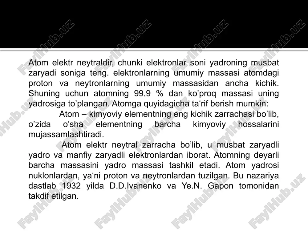 i hisoblanadi desak, mubolag’abo’lmaydi. bundan tashqari, nafaqat modda (gazlar, suyuqliklar va qattiq jismlar), balki materiyaning elektr, yorug’lik va boshqa turlarini ham atomostik tabiatga ega. м- atom massasi z – yadrodagi pratonlar soni x- tartib nomeri ernest rezarford (1871—1937) atomning planetar modeli keyinchalik atomda (+) zaryadni taqsimlanishi noto’g’ri ekanligi ma’lum bo’ldi. 1911 yillardan rezerford olib borgan tajriba katta ahamiyatga ega bo’ldi. radioaktiv elementlar chiqaradigan alfa zarralarni qalinligi 1mkm. bo’lgan oltin folgadan o’tkazdi. shunda har 20 ming dona alfa zarradan bittasi orqaga (180o) qaytgan. alfa zarrani zaryadi +2e ga teng. тezligi 107m/s., m-massa 7350 me ga teng. rezerford tajribalarini sxemasi 2-3-rasmda berilgan. alfa zarralar f-folgadan utib e-ekran (lyuminessinsiyalanuvchi ekran) m-mikroskopdan kuzatiladi. faqat kamdan-kam zarralar katta burchakga ogadi. faqat (+) katta massali yadro bilan to’qnashgandagina shunday bo’lishi mumkin. bu tajribalarga tayanib rezerford atomni yadroviy planetar modelini taklif qildi (4-rasm). unga ko’ra ze musbat zaryadga ega yadro atrofida (r=10-15-10-14 m. yadroni massasi deyarli atom …